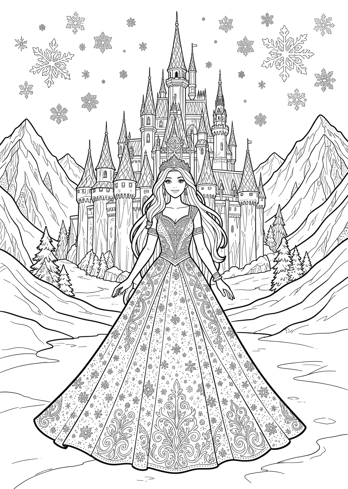 Ausmalbild Freundliche Eisprinzessin mit langem glitzernden - Ausmalbild aus der Kategorie Maerchen - kostenlos ausdrucken