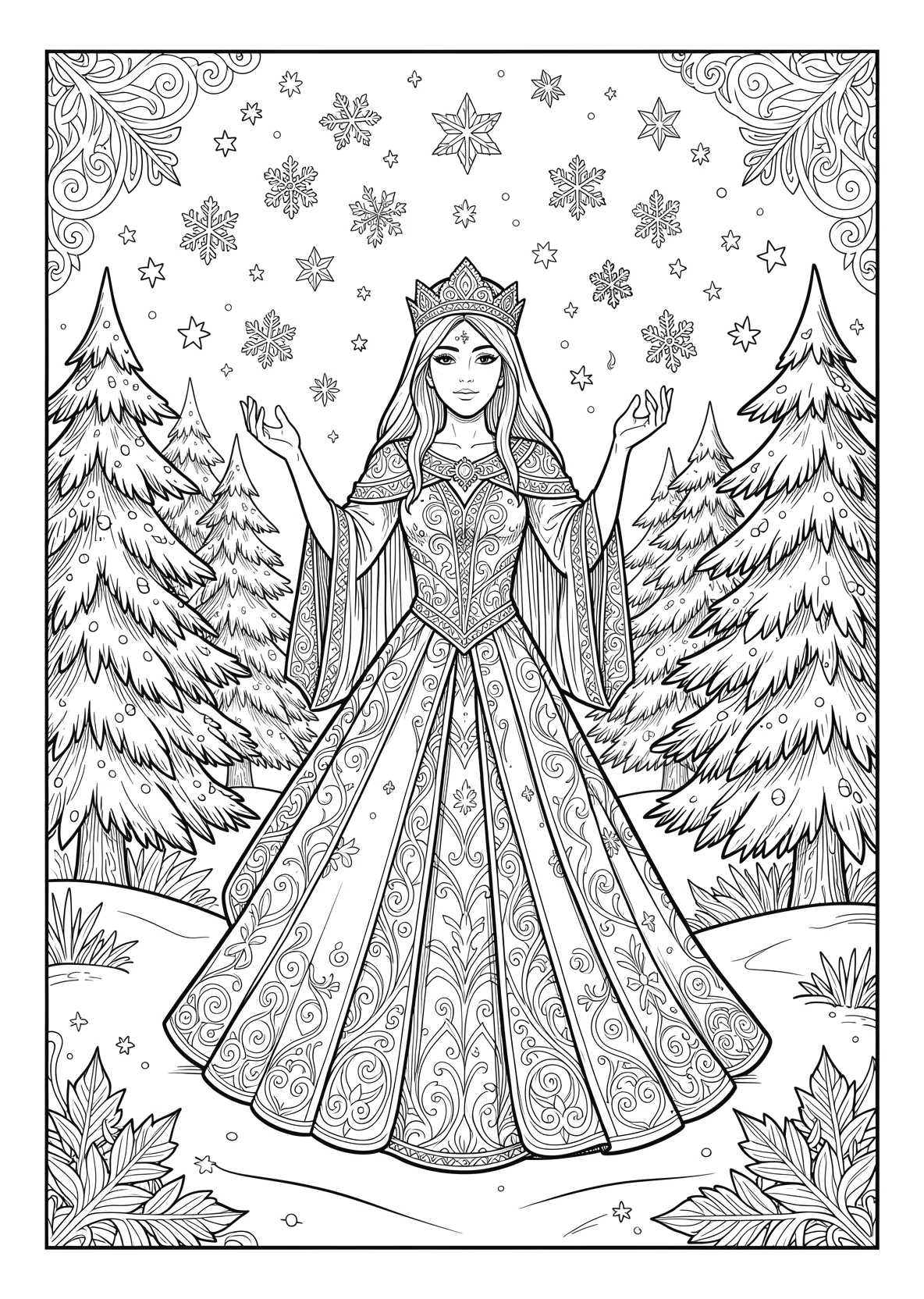 Ausmalbild Eisprinzessin zaubert Schneeflocken in einer - Ausmalbild aus der Kategorie Maerchen - kostenlos ausdrucken