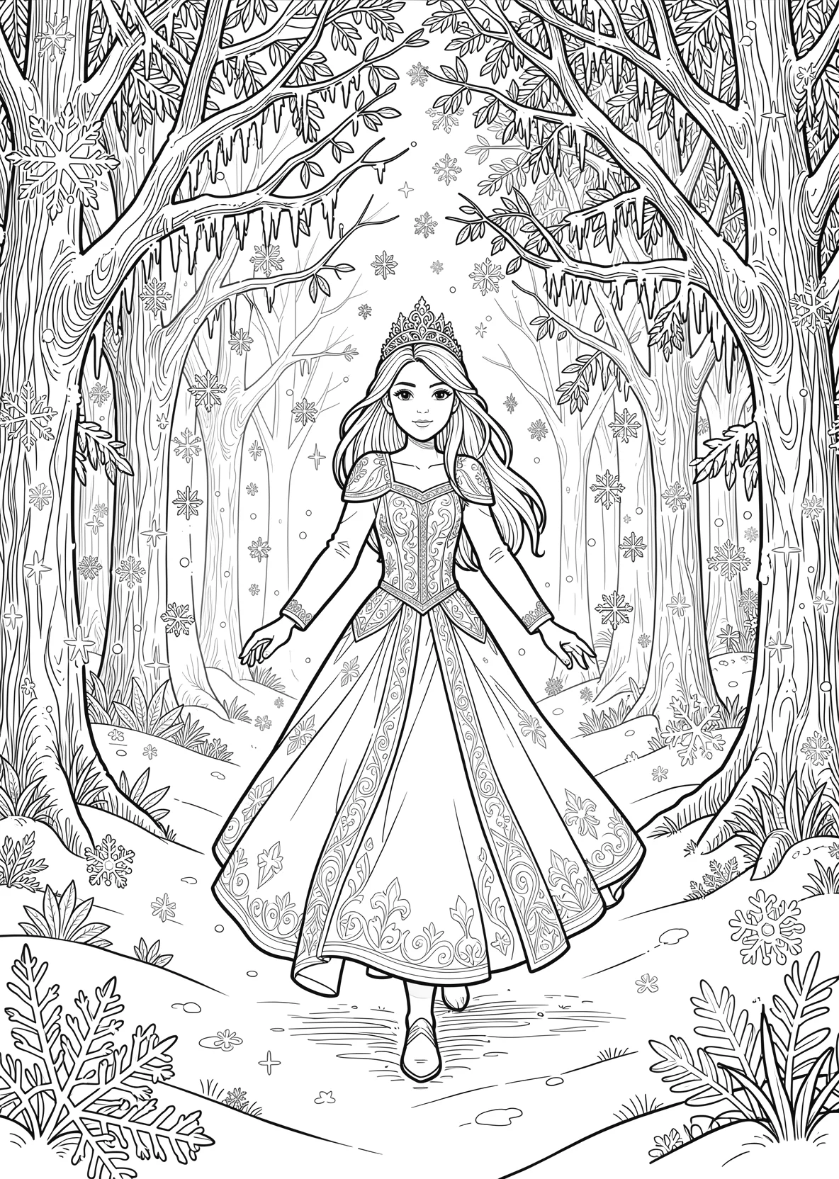 Ausmalbild Junge Eisprinzessin läuft durch einen Winterwald - Ausmalbild aus der Kategorie Maerchen - kostenlos ausdrucken