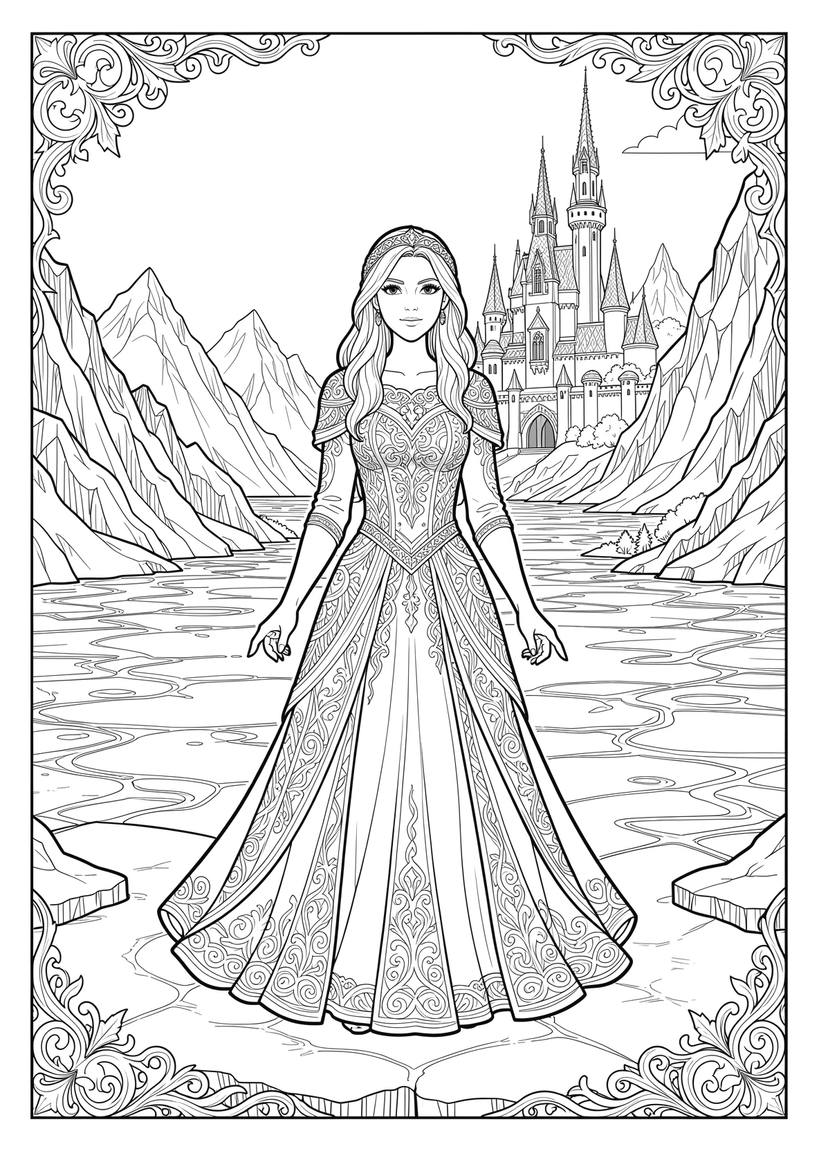 Ausmalbild Eisprinzessin steht auf einem gefrorenen See mit - Ausmalbild aus der Kategorie Maerchen - kostenlos ausdrucken