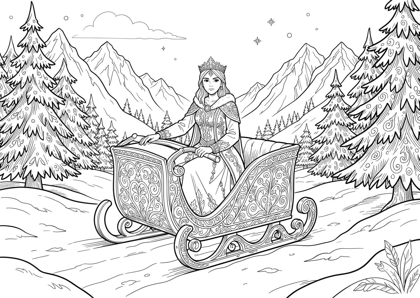 Ausmalbild Eisprinzessin sitzt auf einem Schlitten in einer - Ausmalbild aus der Kategorie Maerchen - kostenlos ausdrucken