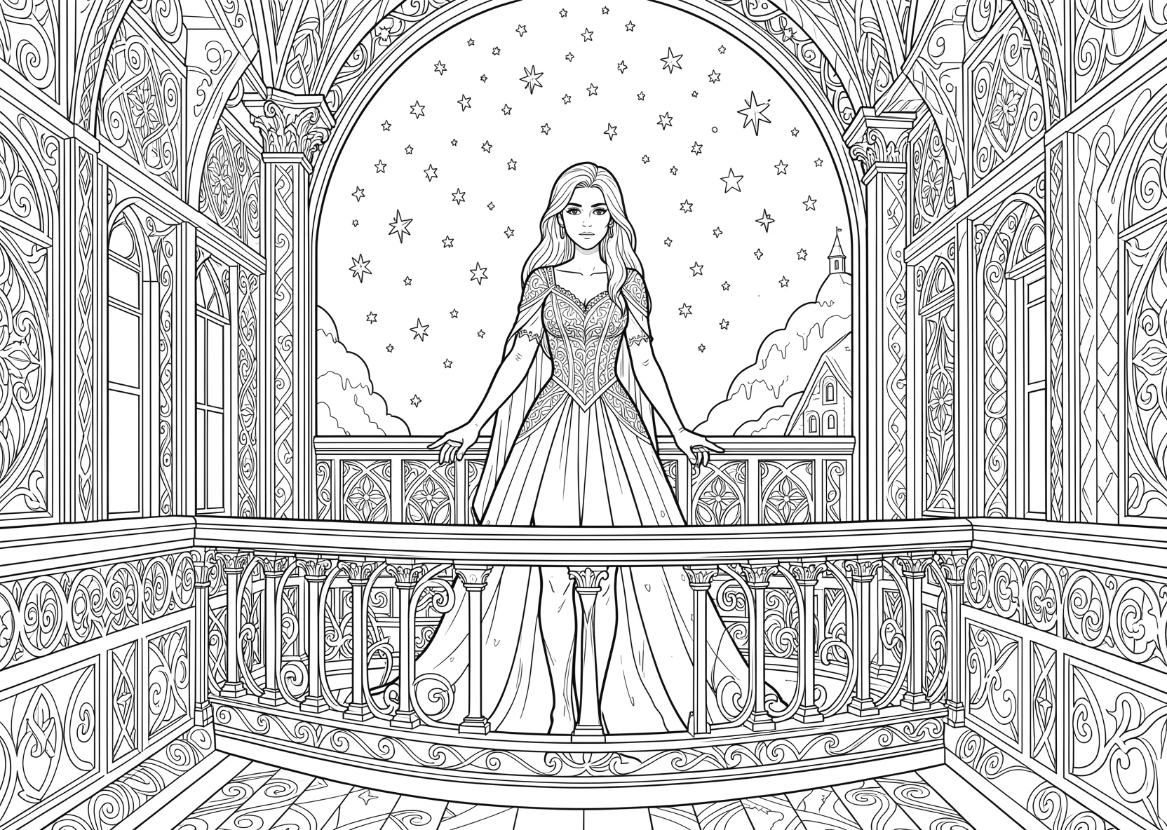 Ausmalbild Eisprinzessin steht auf einem Balkon eines - Ausmalbild aus der Kategorie Maerchen - kostenlos ausdrucken