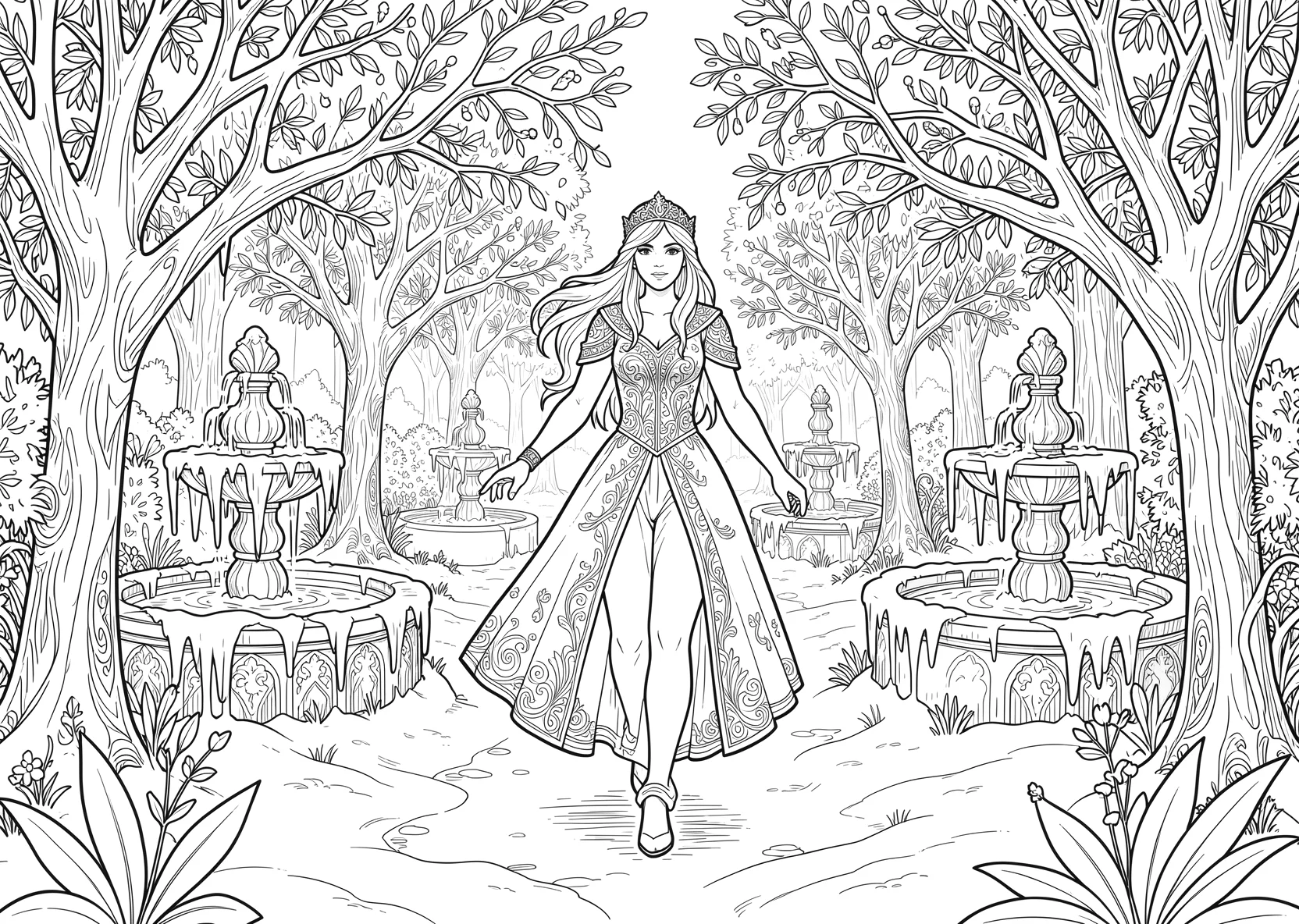 Ausmalbild Eisprinzessin läuft durch einen verschneiten - Ausmalbild aus der Kategorie Maerchen - kostenlos ausdrucken