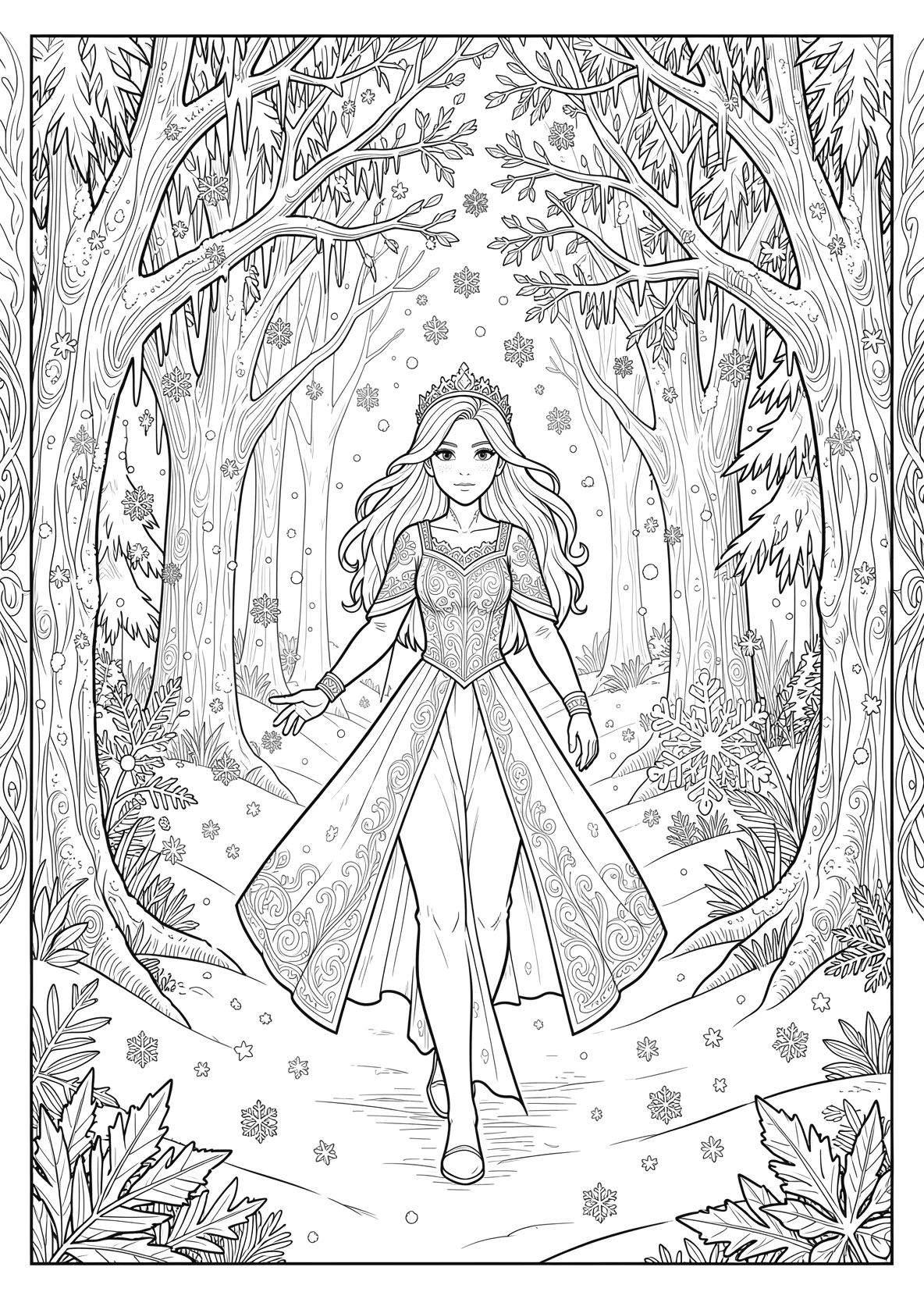 Ausmalbild Junge Eisprinzessin läuft durch einen Winterwald - Ausmalbild aus der Kategorie Maerchen - kostenlos ausdrucken