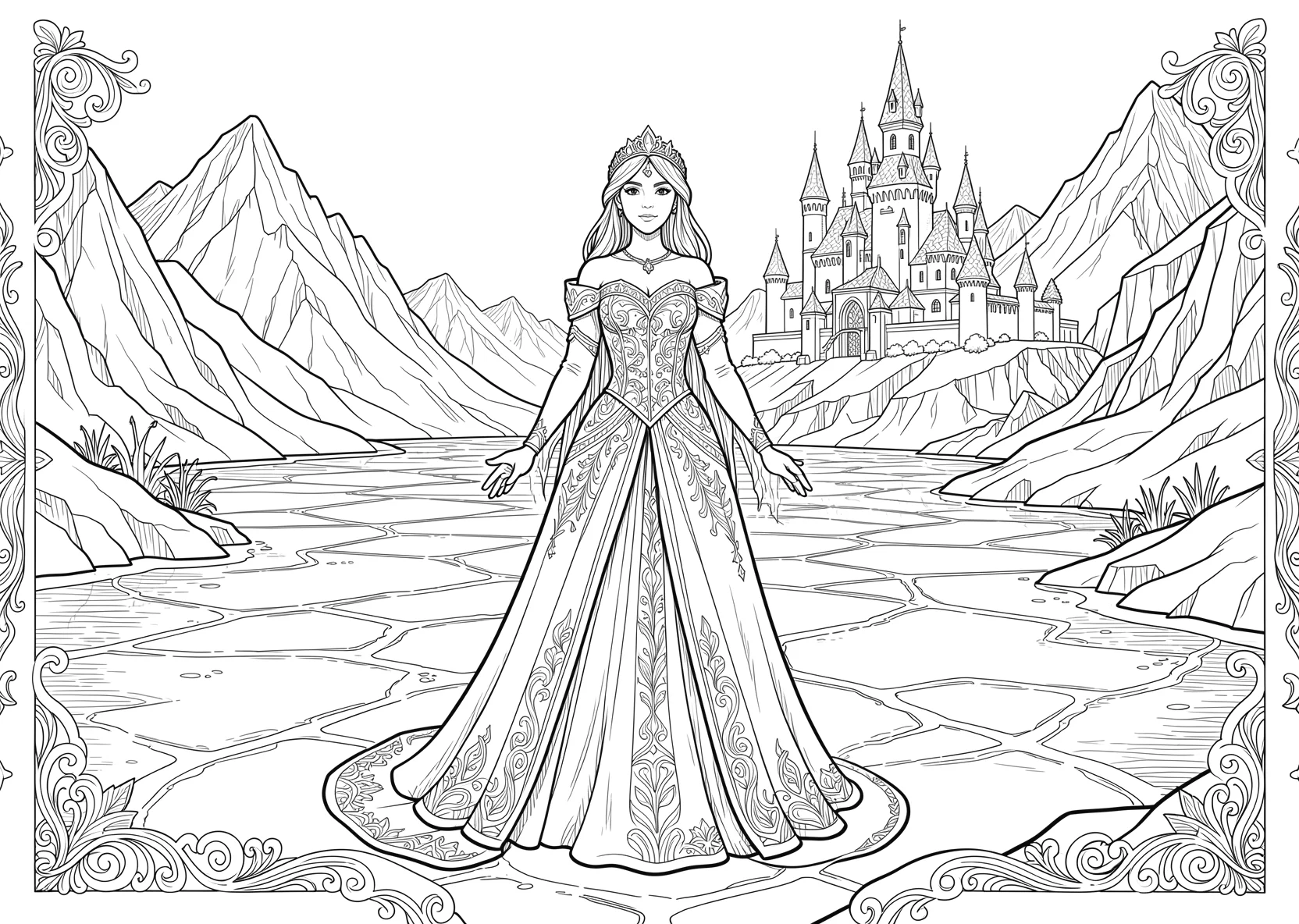 Ausmalbild Eisprinzessin steht auf einem gefrorenen See mit - Ausmalbild aus der Kategorie Maerchen - kostenlos ausdrucken