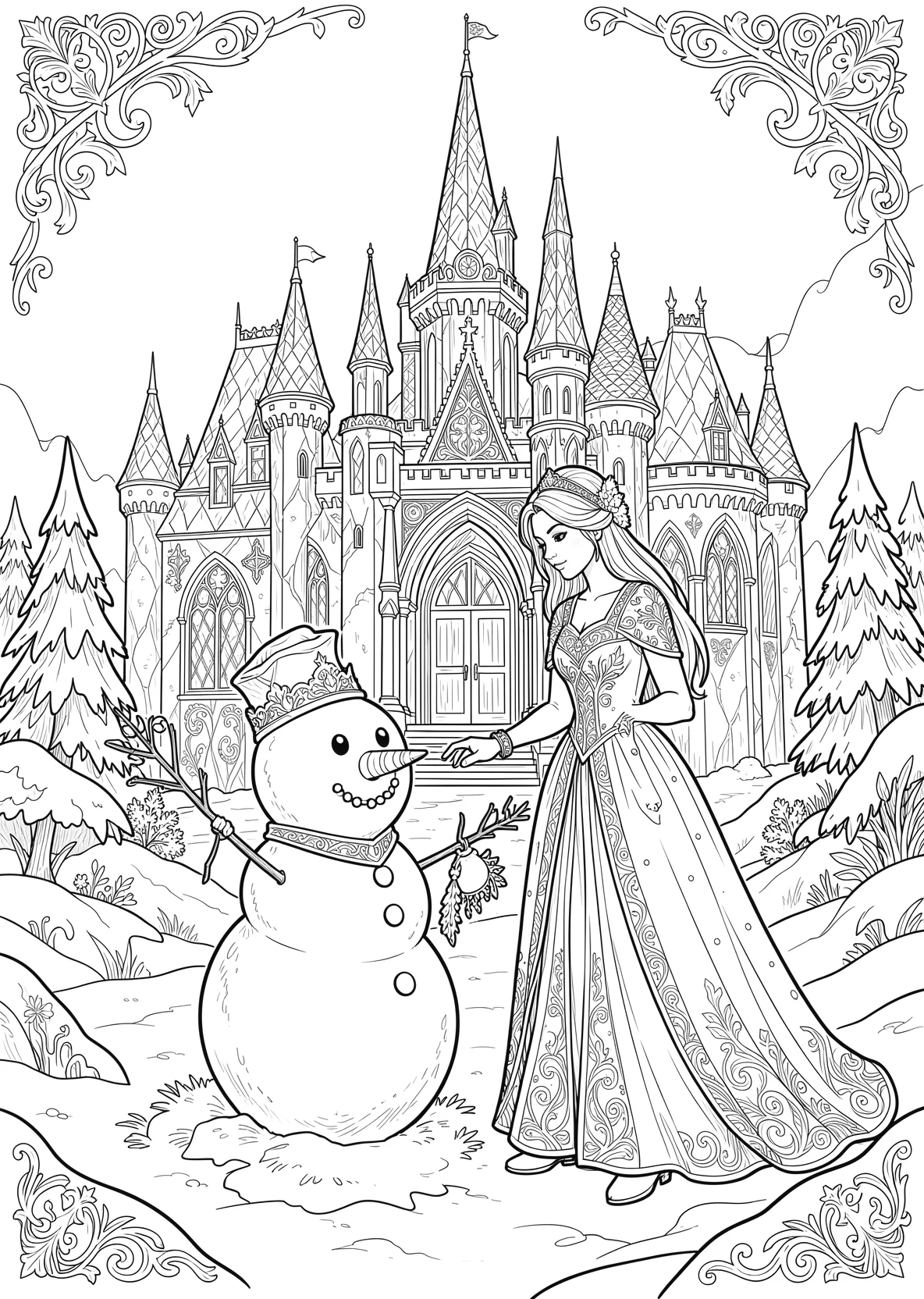 Ausmalbild Magische Eisprinzessin baut einen Schneemann vor - Ausmalbild aus der Kategorie Maerchen - kostenlos ausdrucken