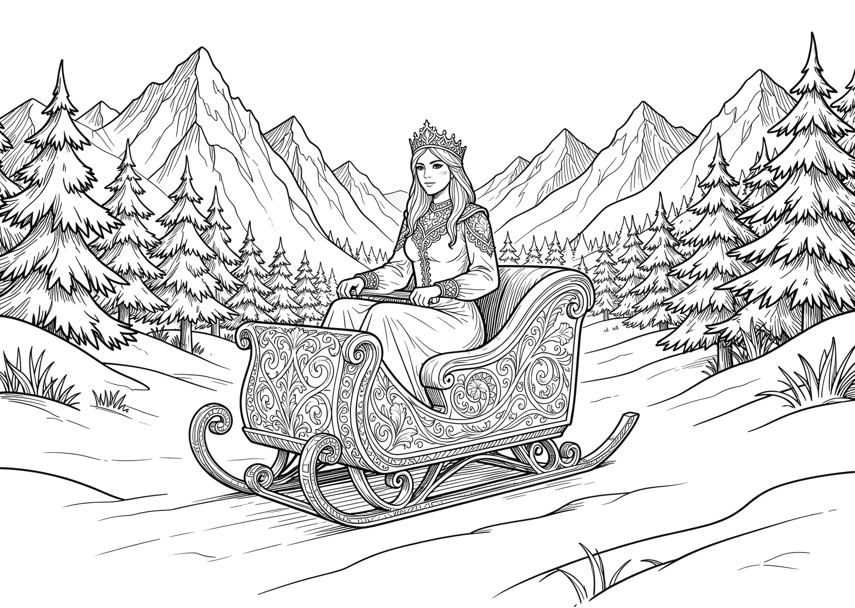 Ausmalbild Eisprinzessin sitzt auf einem Schlitten in einer - Ausmalbild aus der Kategorie Maerchen - kostenlos ausdrucken