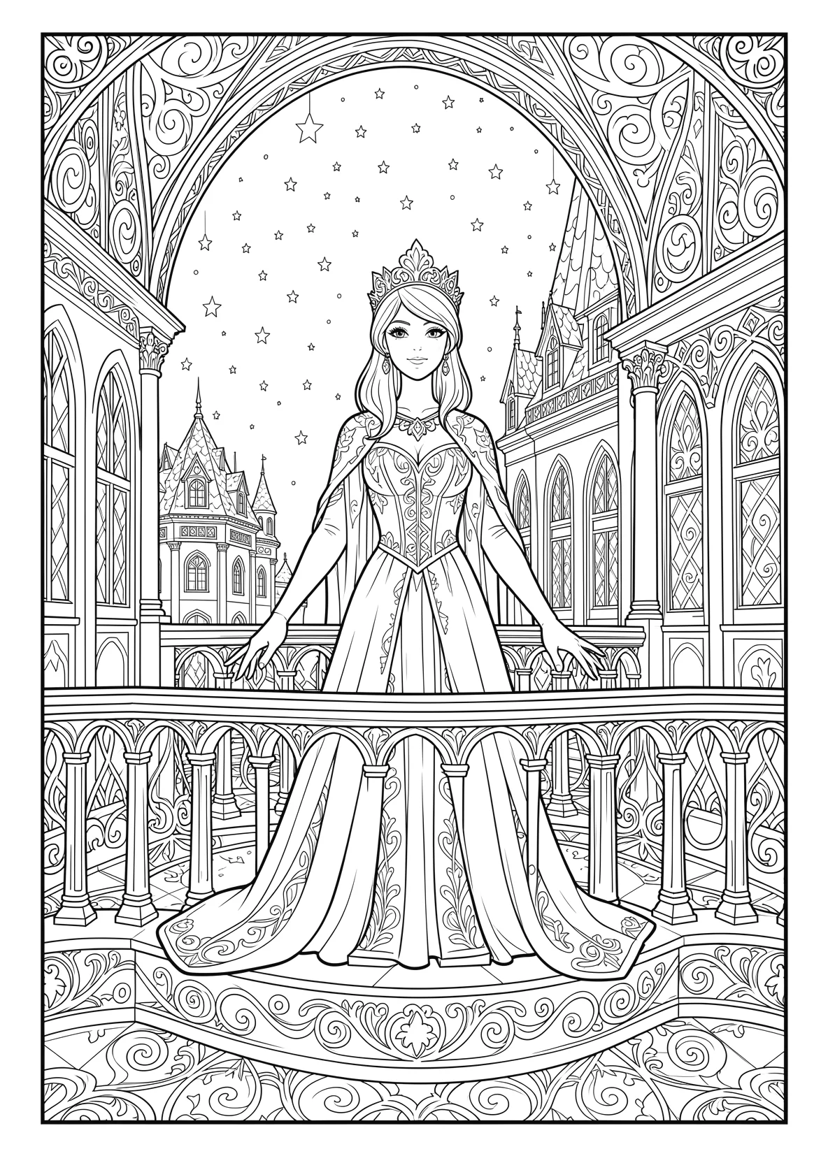 Ausmalbild Eisprinzessin steht auf einem Balkon eines - Ausmalbild aus der Kategorie Maerchen - kostenlos ausdrucken