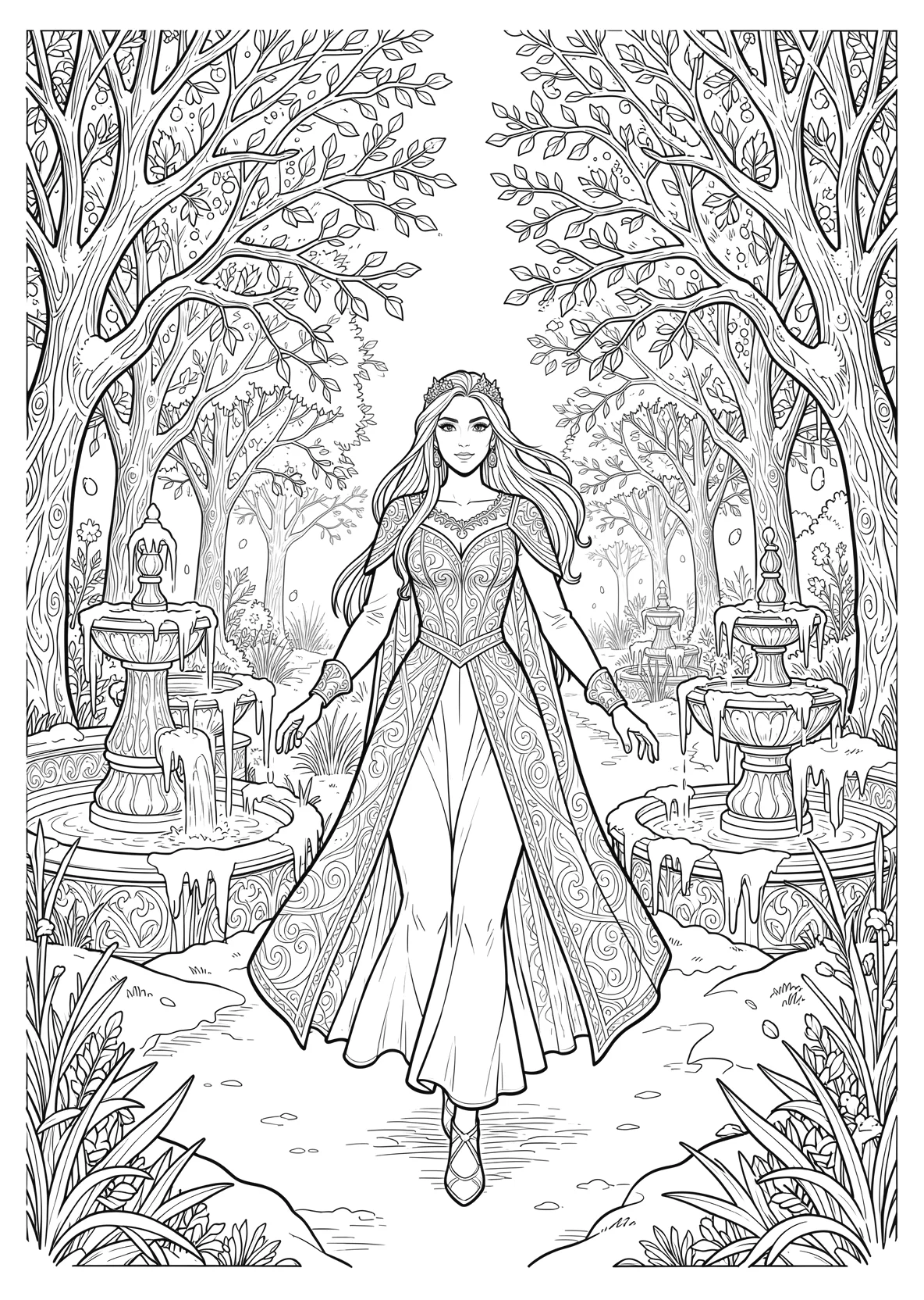 Ausmalbild Eisprinzessin läuft durch einen verschneiten - Ausmalbild aus der Kategorie Maerchen - kostenlos ausdrucken