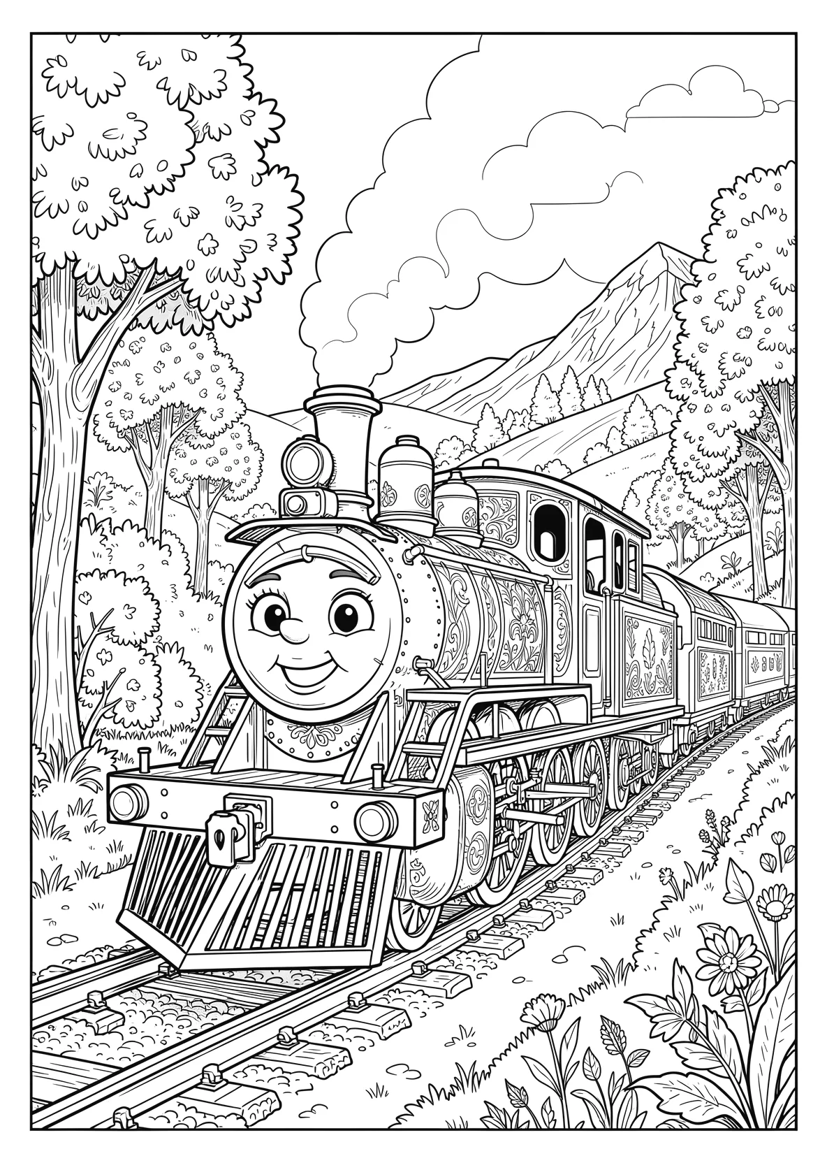 Ausmalbild Fröhliche kleine Lokomotive mit Gesicht fährt - Ausmalbild aus der Kategorie Fahrzeuge - kostenlos ausdrucken