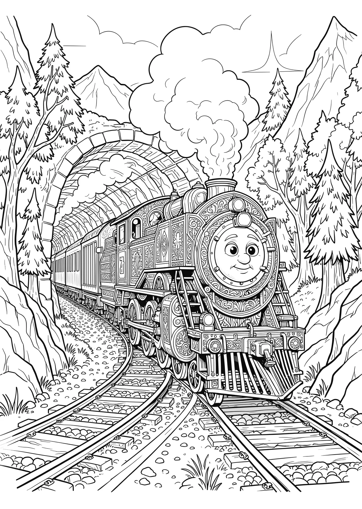 Ausmalbild Bunte Lokomotive mit Gesicht fährt durch einen - Ausmalbild aus der Kategorie Fahrzeuge - kostenlos ausdrucken