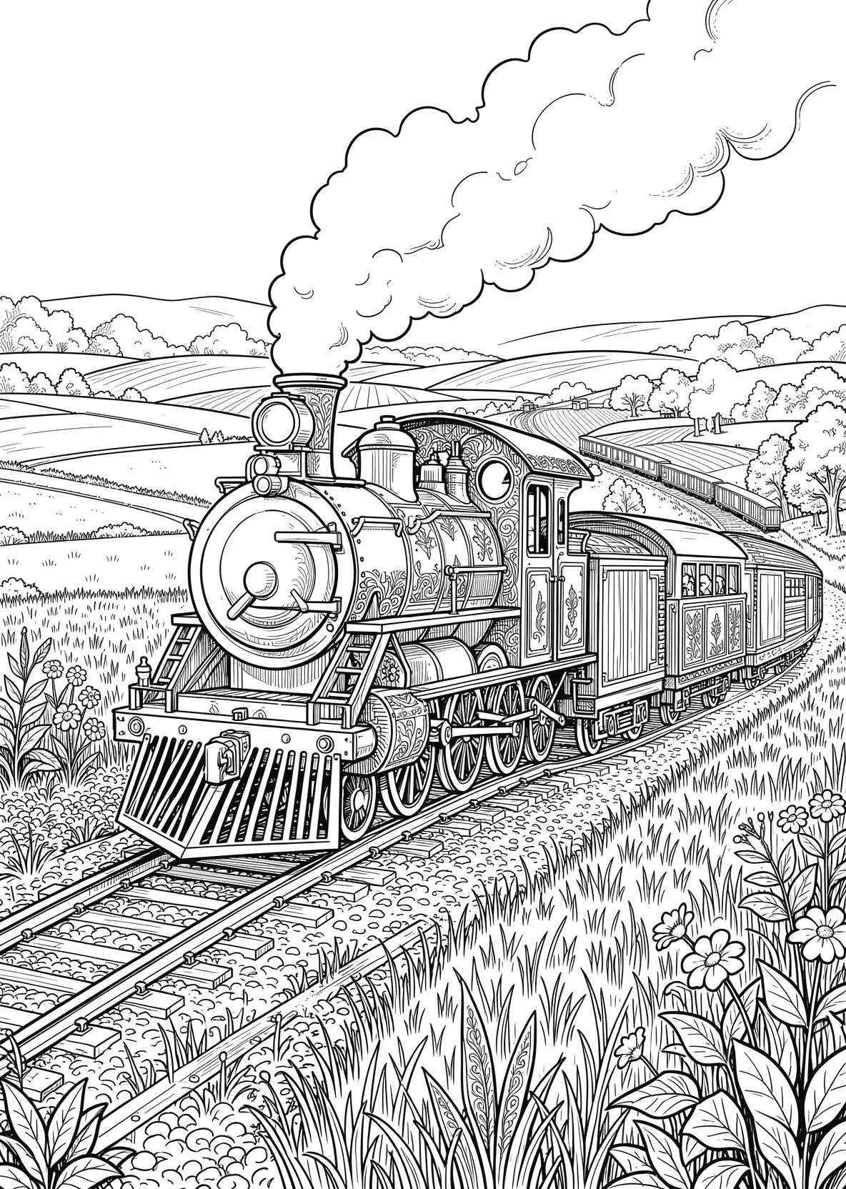 Ausmalbild Kleine Lokomotive mit Gesicht zieht mehrere - Ausmalbild aus der Kategorie Fahrzeuge - kostenlos ausdrucken