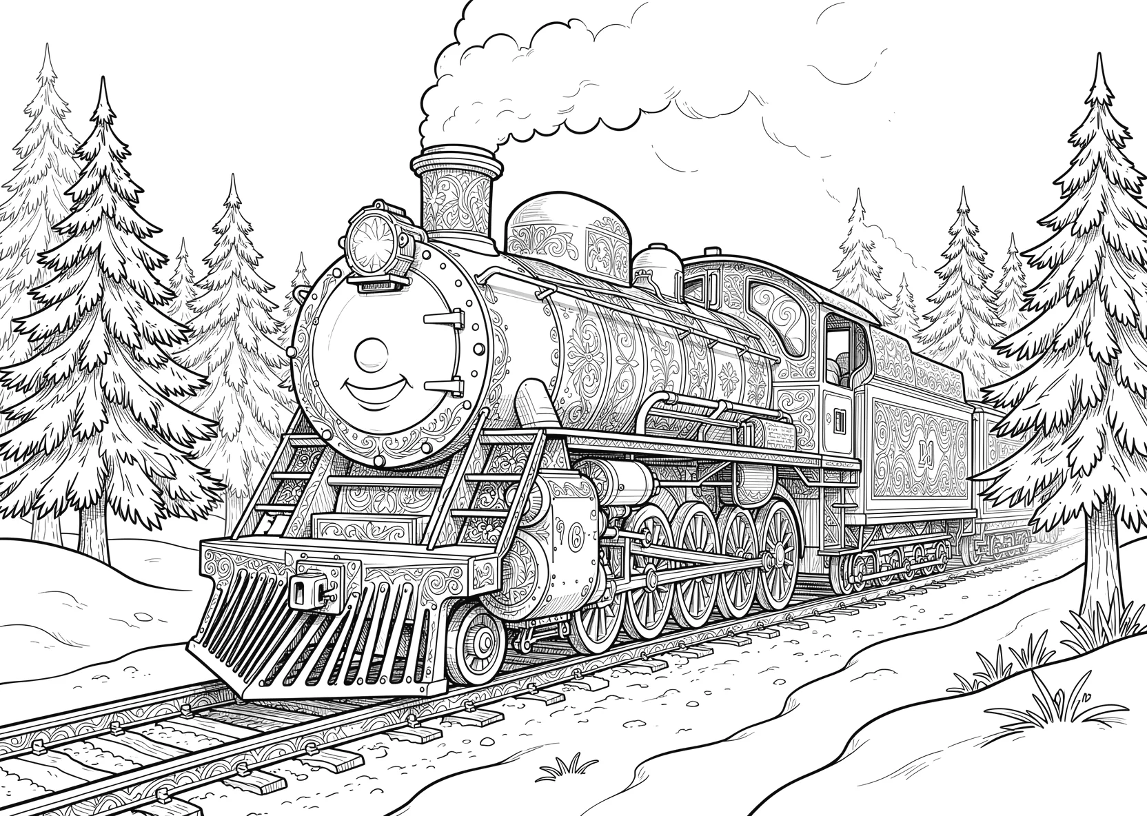 Ausmalbild Fröhliche Dampflok mit Gesicht fährt durch eine - Ausmalbild aus der Kategorie Fahrzeuge - kostenlos ausdrucken