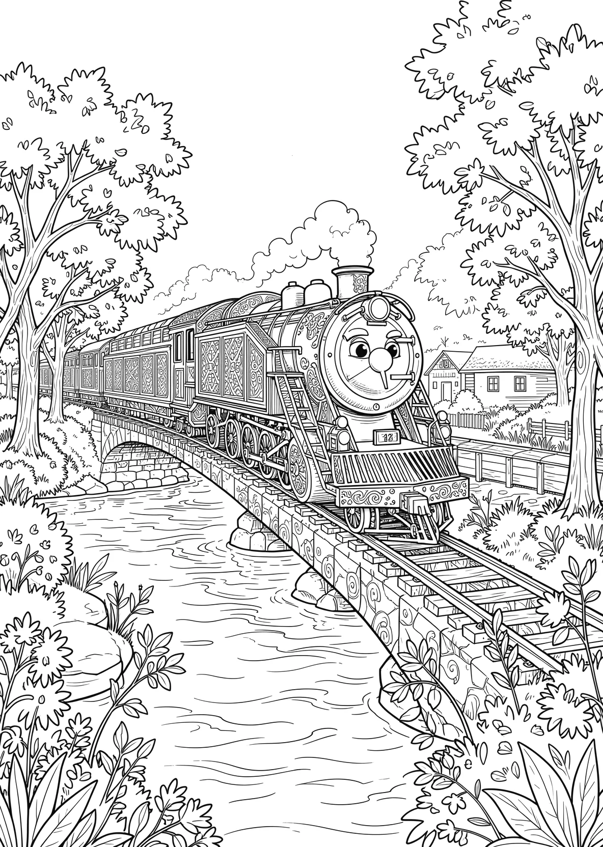 Ausmalbild Lokomotive mit Gesicht fährt über eine Brücke - Ausmalbild aus der Kategorie Fahrzeuge - kostenlos ausdrucken