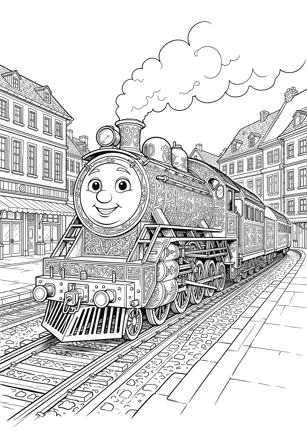 Ausmalbild Freundliche Lokomotive mit Gesicht fährt durch - Ausmalbild aus der Kategorie Fahrzeuge - kostenlos ausdrucken