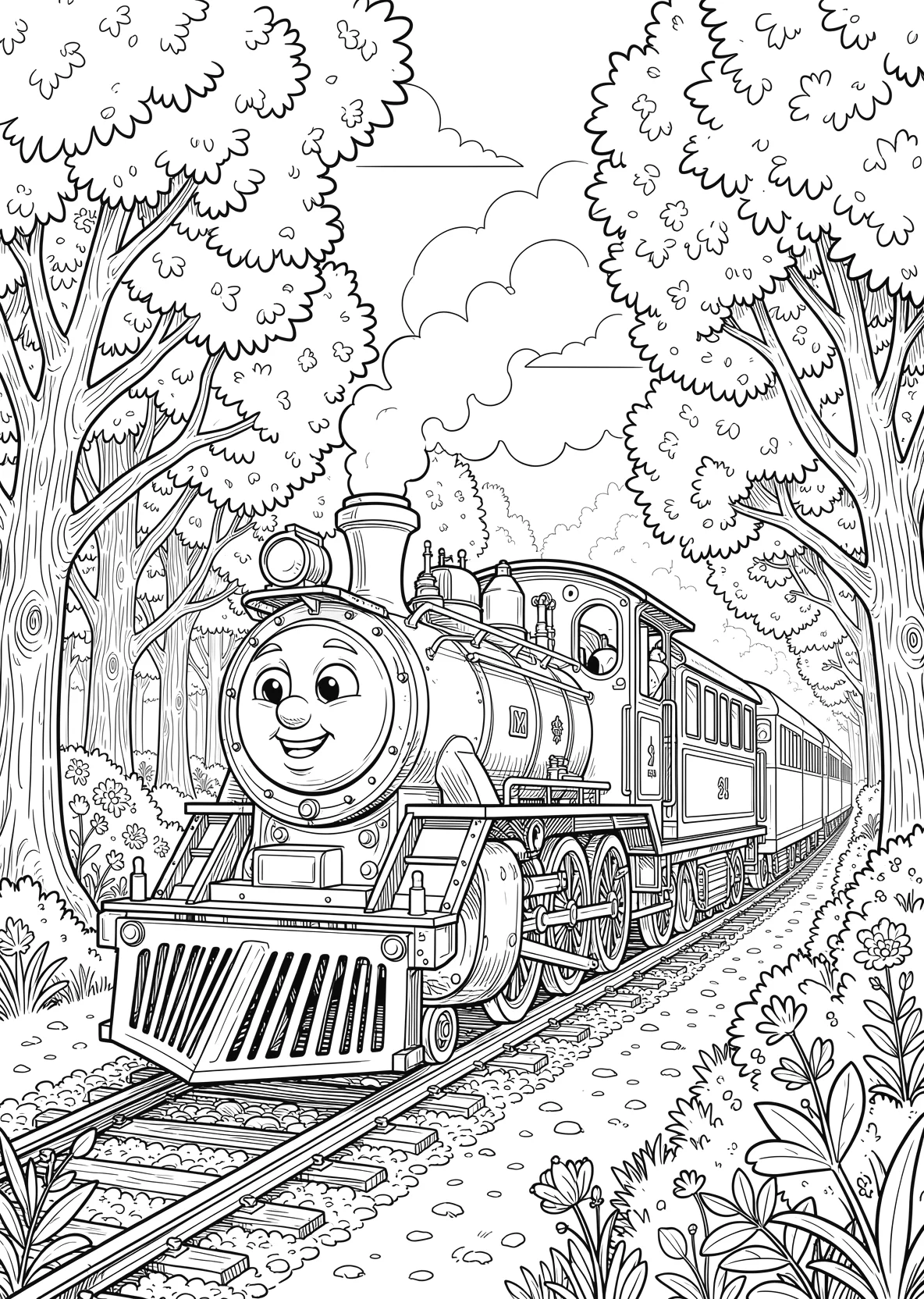 Ausmalbild Kleine Lokomotive mit Gesicht fährt durch einen - Ausmalbild aus der Kategorie Fahrzeuge - kostenlos ausdrucken