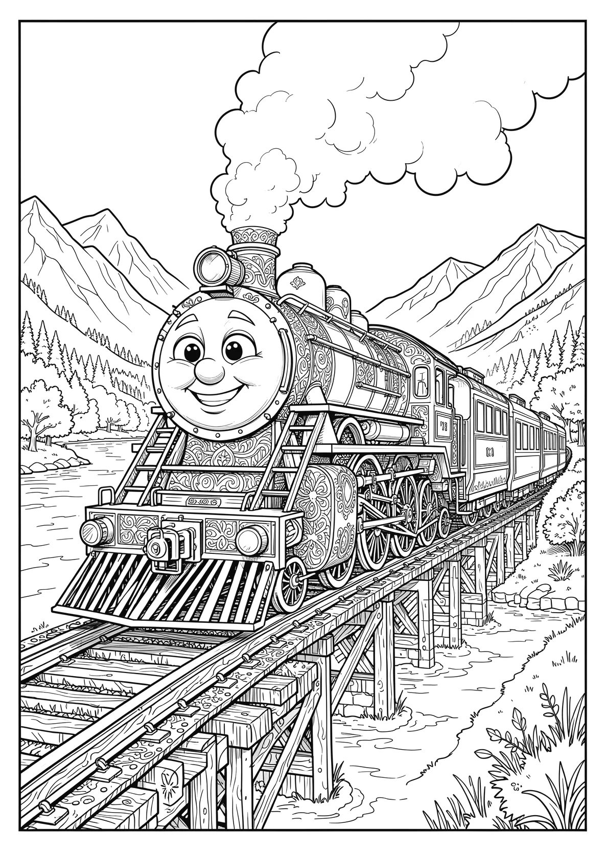 Ausmalbild Freundliche Dampflok mit einem großen lächelnden - Ausmalbild aus der Kategorie Fahrzeuge - kostenlos ausdrucken