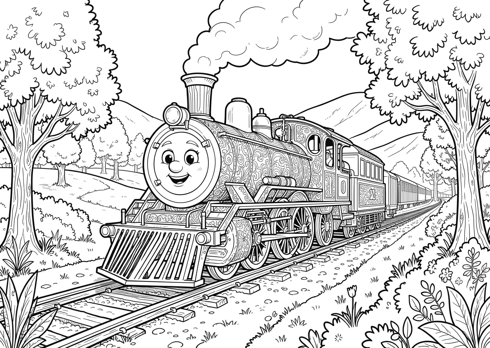 Ausmalbild Fröhliche kleine Lokomotive mit Gesicht fährt - Ausmalbild aus der Kategorie Fahrzeuge - kostenlos ausdrucken