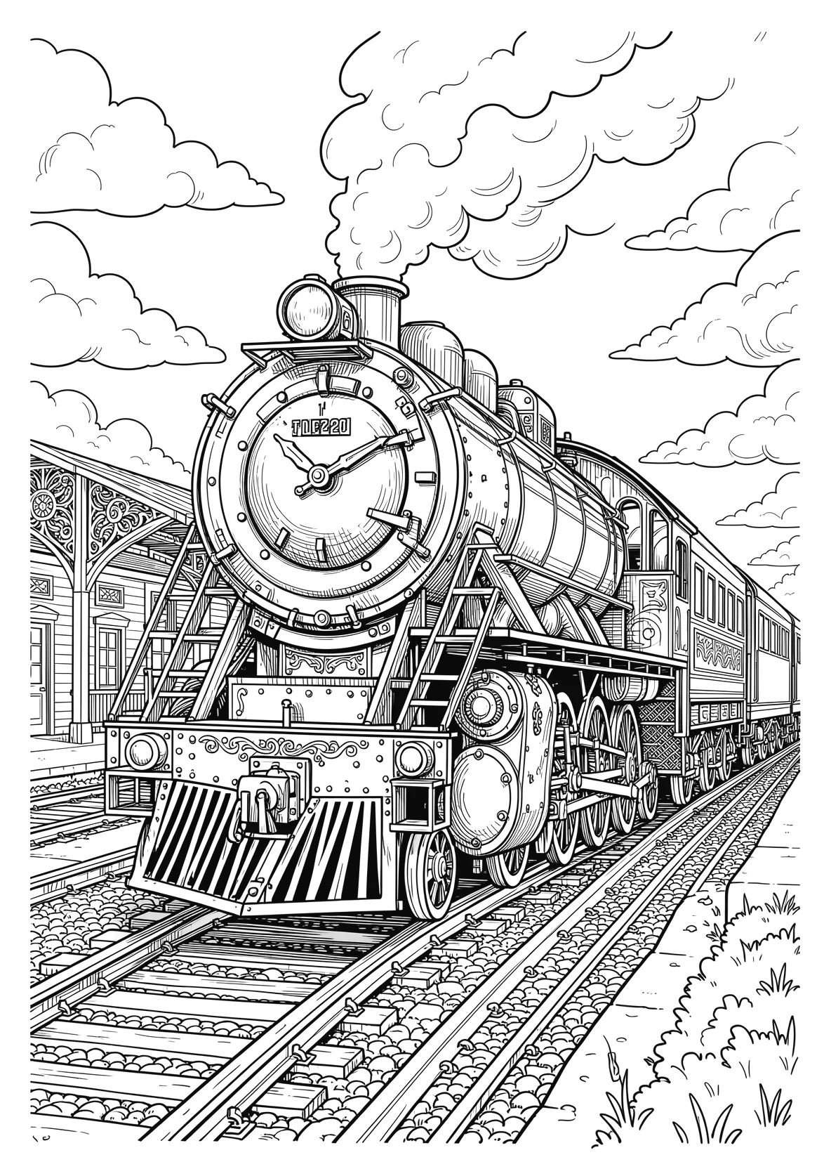 Ausmalbild Dampflok mit Gesicht steht an einem Bahnhof mit - Ausmalbild aus der Kategorie Fahrzeuge - kostenlos ausdrucken