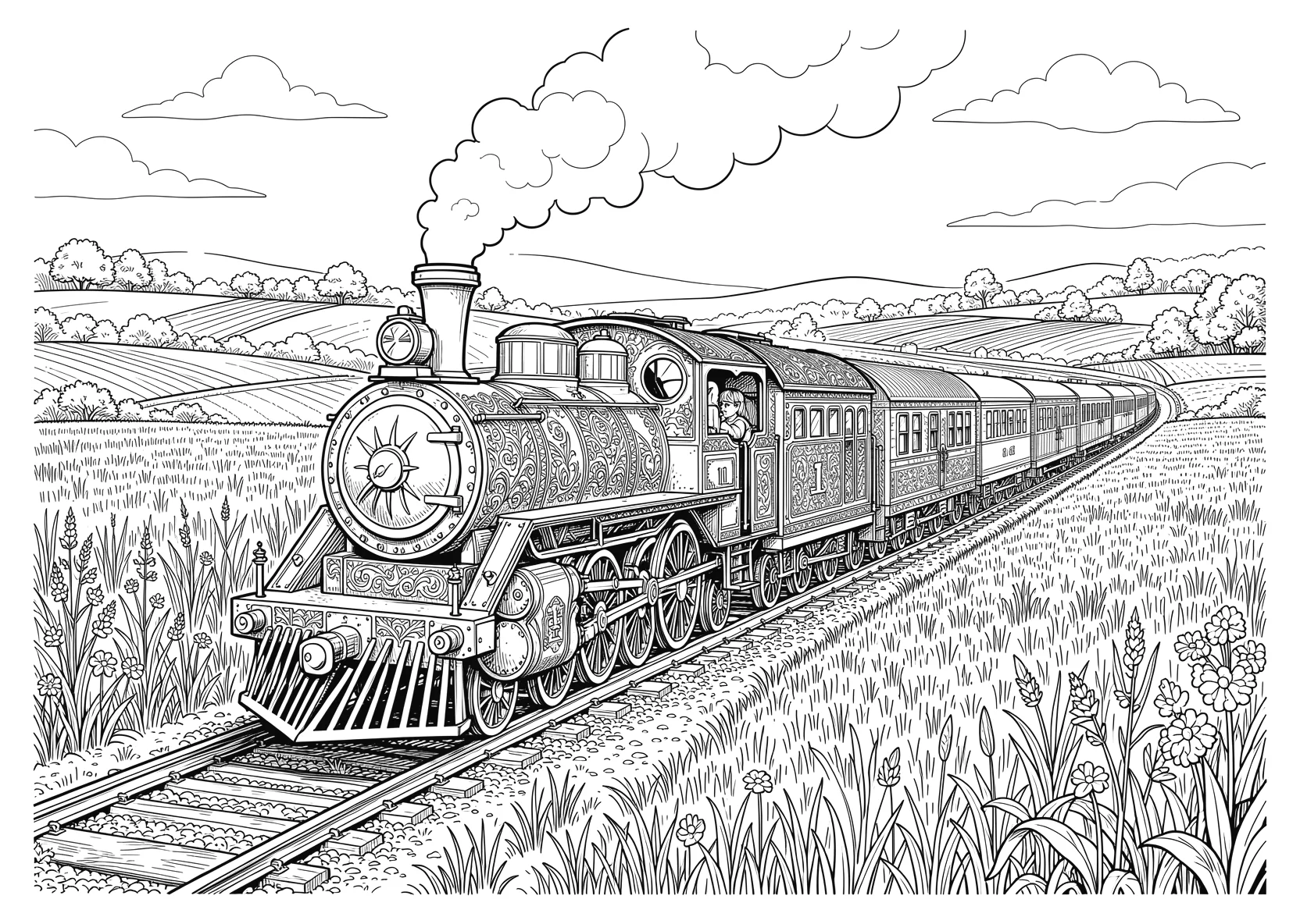 Ausmalbild Kleine Lokomotive mit Gesicht zieht mehrere - Ausmalbild aus der Kategorie Fahrzeuge - kostenlos ausdrucken