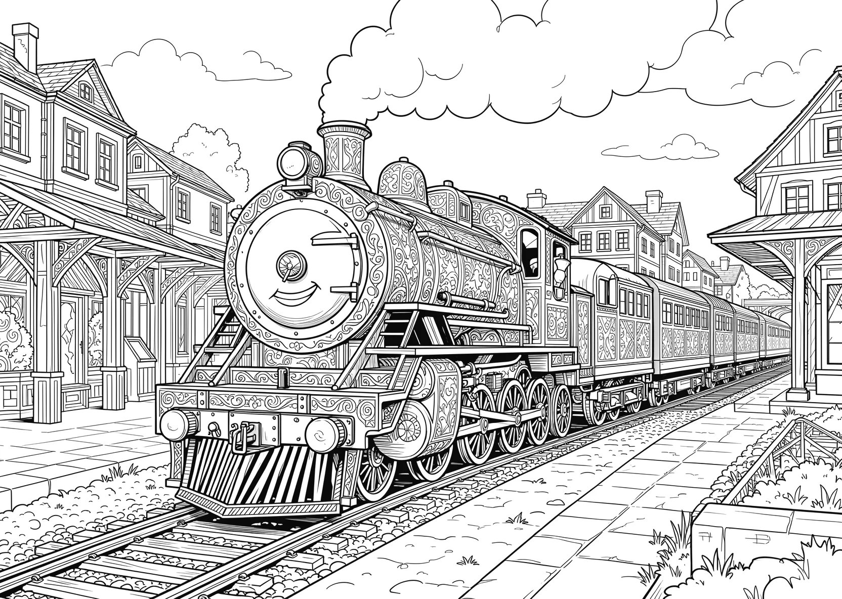 Ausmalbild Freundliche Lokomotive mit Gesicht fährt durch - Ausmalbild aus der Kategorie Fahrzeuge - kostenlos ausdrucken