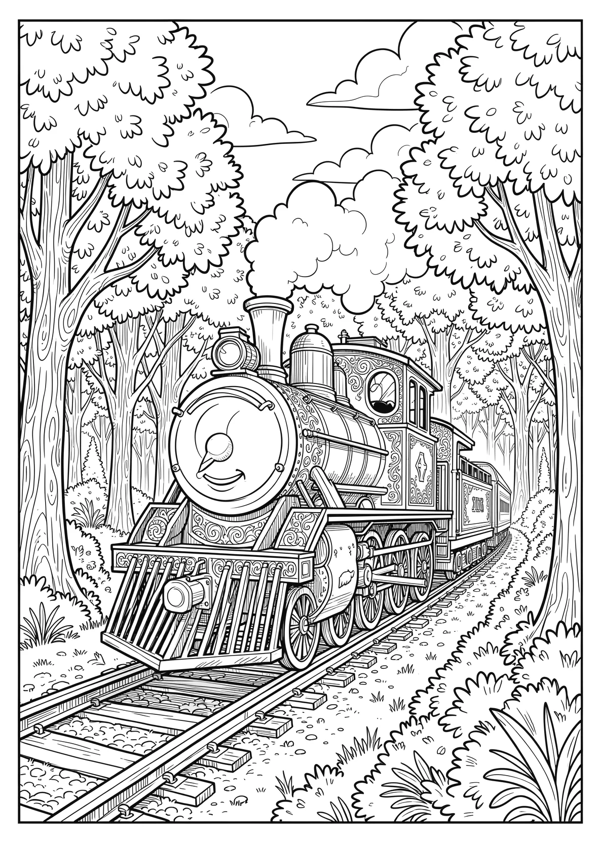 Ausmalbild Kleine Lokomotive mit Gesicht fährt durch einen - Ausmalbild aus der Kategorie Fahrzeuge - kostenlos ausdrucken