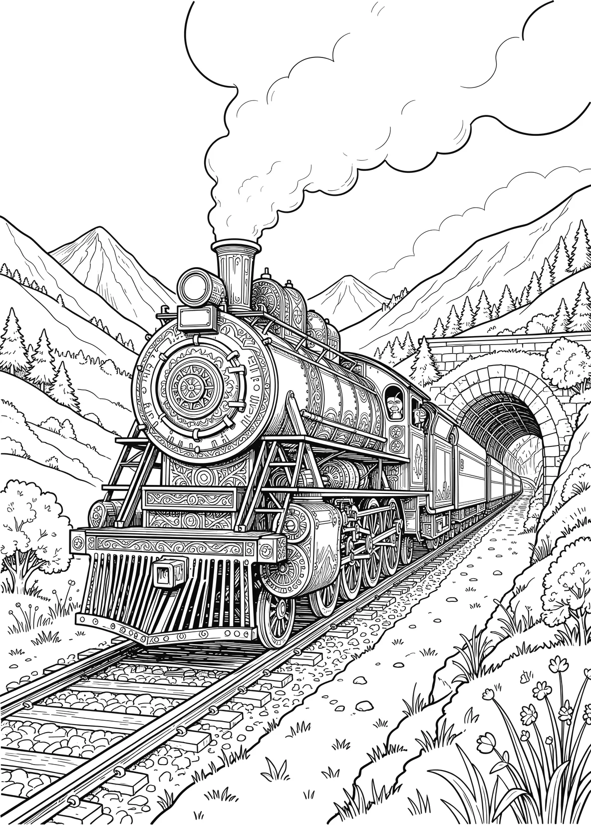 Ausmalbild Dampflok mit Gesicht fährt durch eine Landschaft - Ausmalbild aus der Kategorie Fahrzeuge - kostenlos ausdrucken