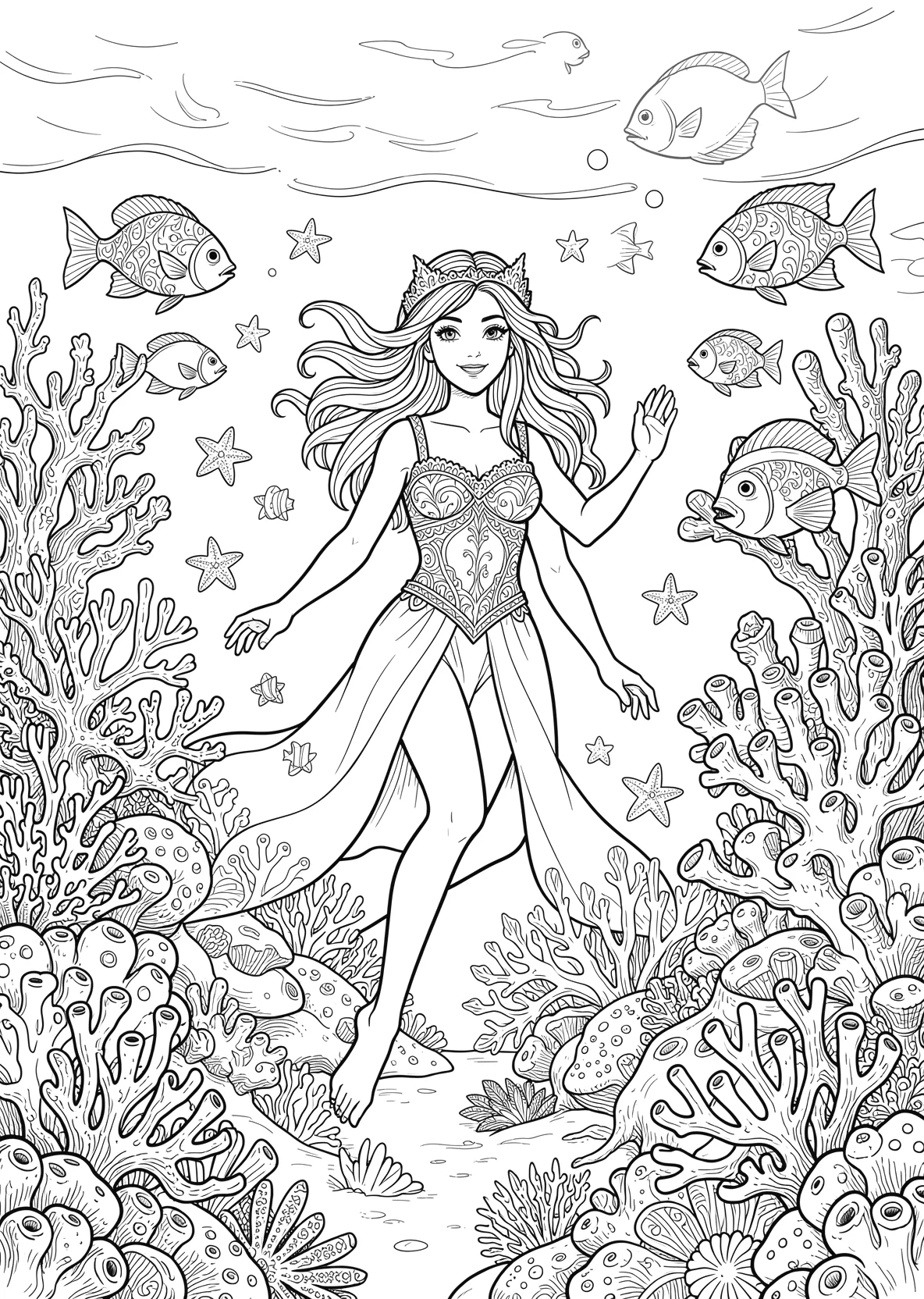 Ausmalbild Freundliche Meerprinzessin schwimmt durch ein - Ausmalbild aus der Kategorie Maerchen - kostenlos ausdrucken