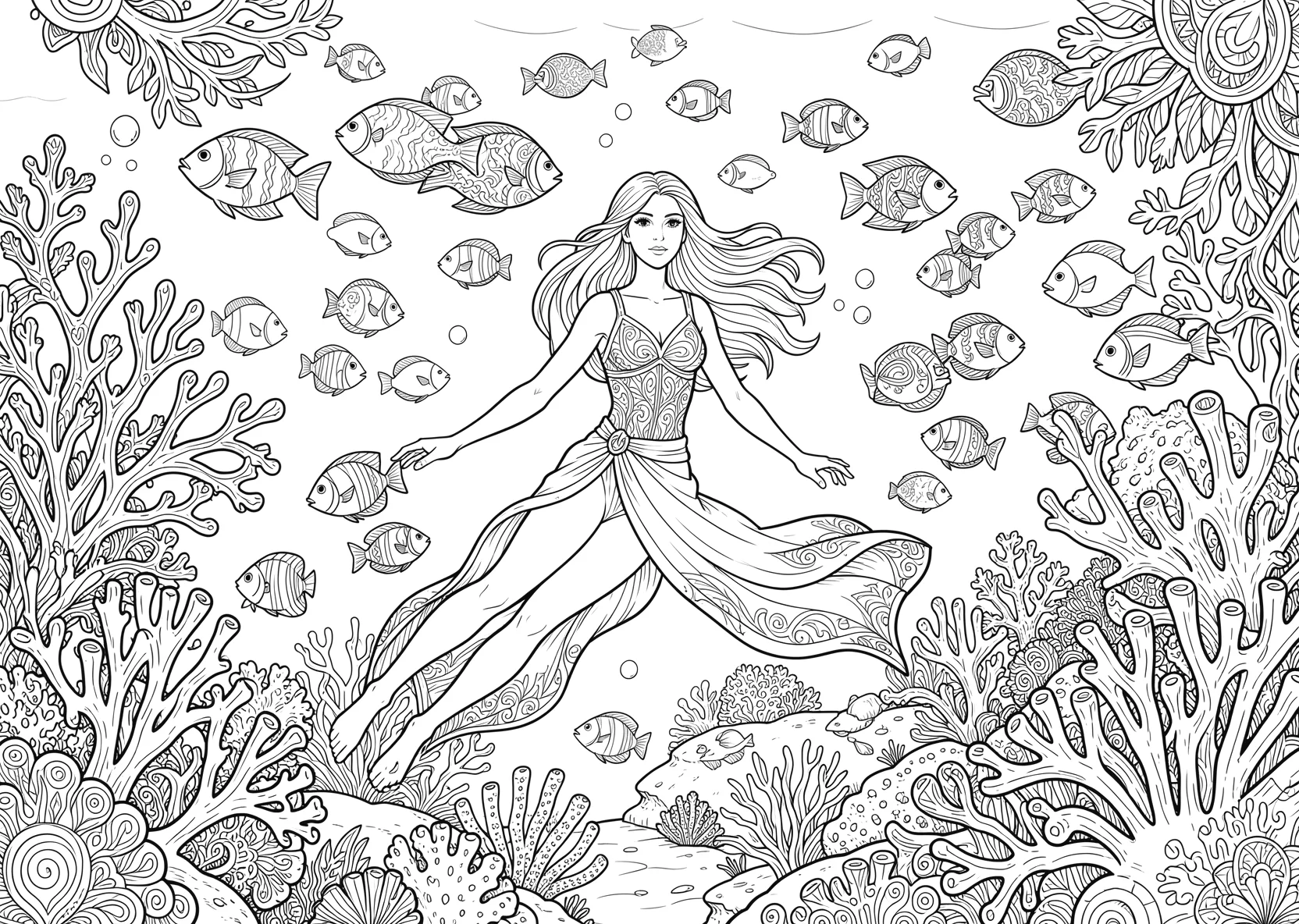 Ausmalbild Meerprinzessin schwimmt zwischen Korallen - Ausmalbild aus der Kategorie Maerchen - kostenlos ausdrucken