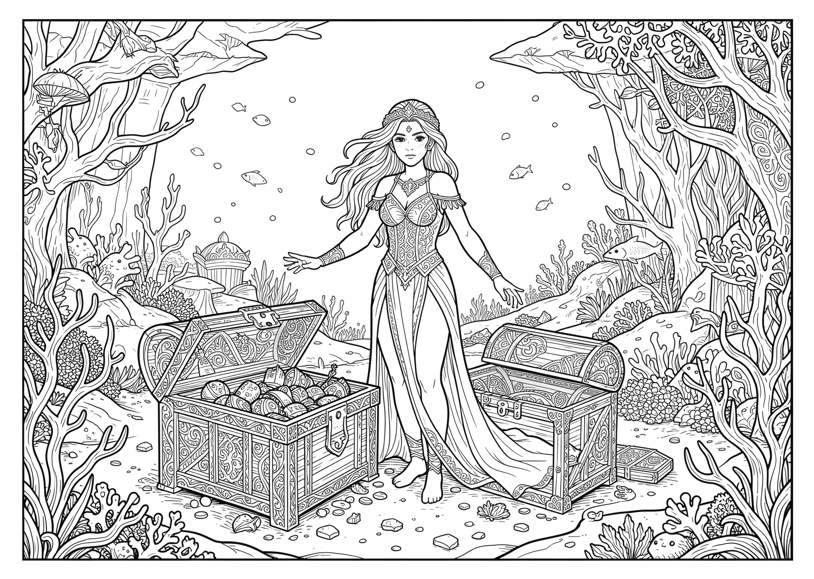 Ausmalbild Meerprinzessin entdeckt eine Schatztruhe auf dem - Ausmalbild aus der Kategorie Maerchen - kostenlos ausdrucken