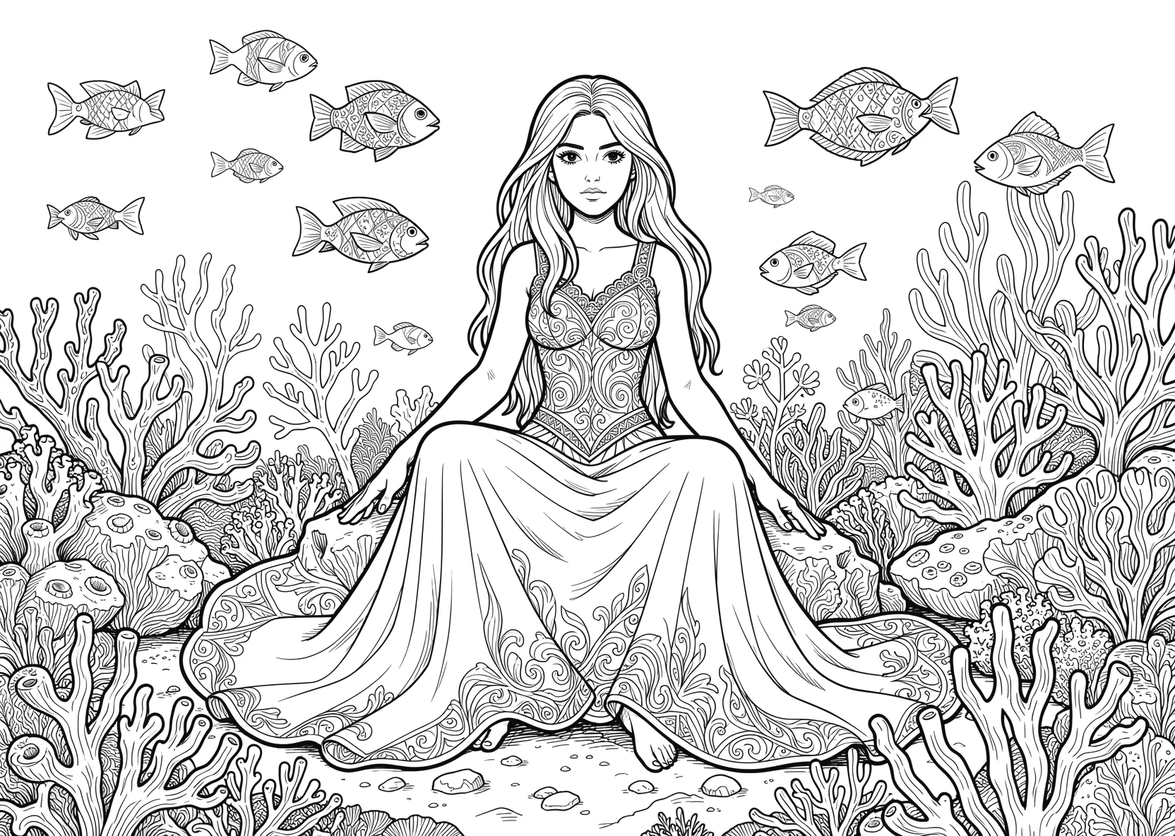 Ausmalbild Meerprinzessin sitzt auf einem Korallenriff mit - Ausmalbild aus der Kategorie Maerchen - kostenlos ausdrucken