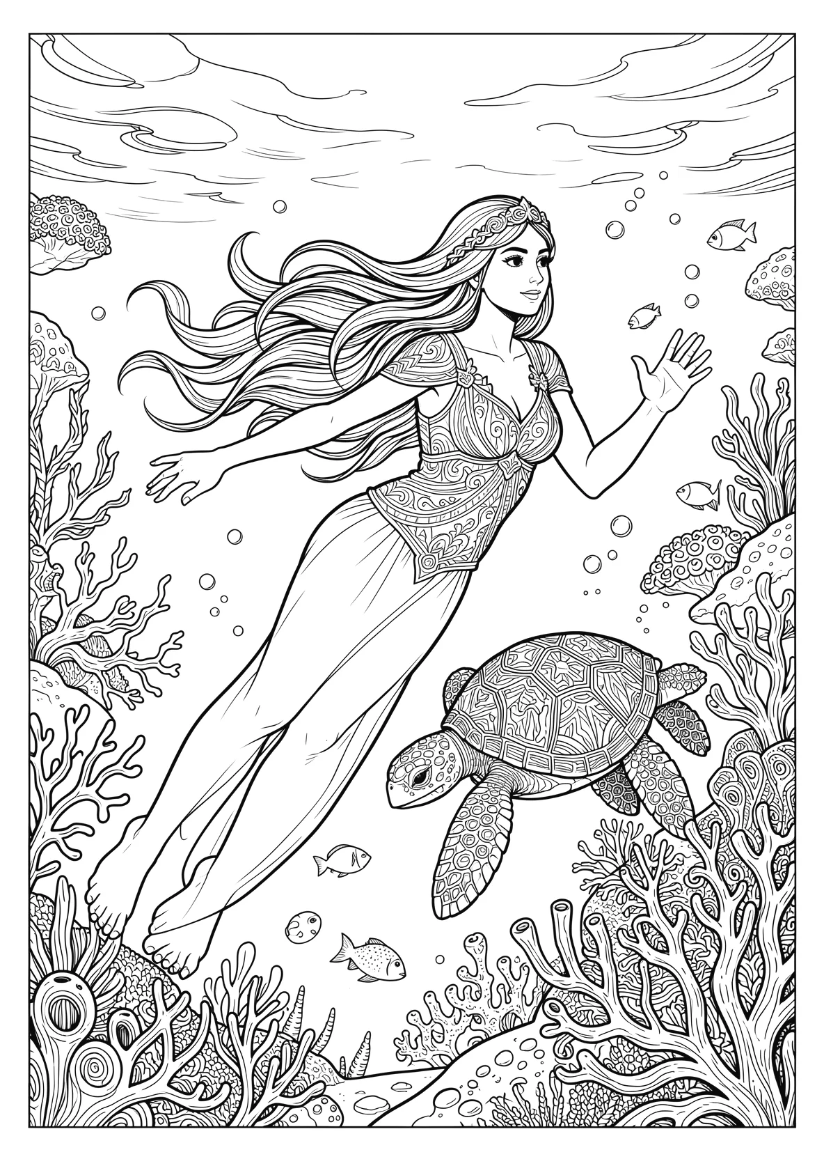 Ausmalbild Meerprinzessin schwimmt mit einer - Ausmalbild aus der Kategorie Tiere - kostenlos ausdrucken