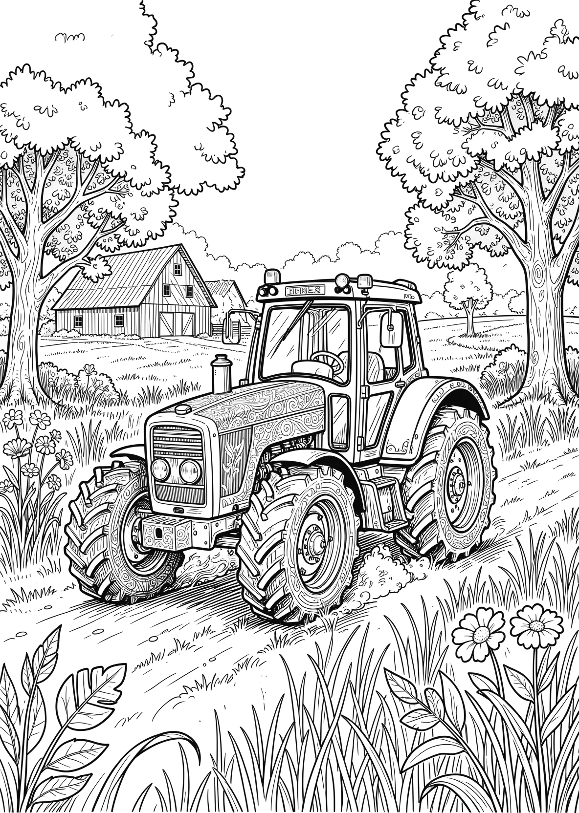 Ausmalbild Lustiger Traktor mit Gesicht fährt über ein Feld - Ausmalbild aus der Kategorie Fahrzeuge - kostenlos ausdrucken