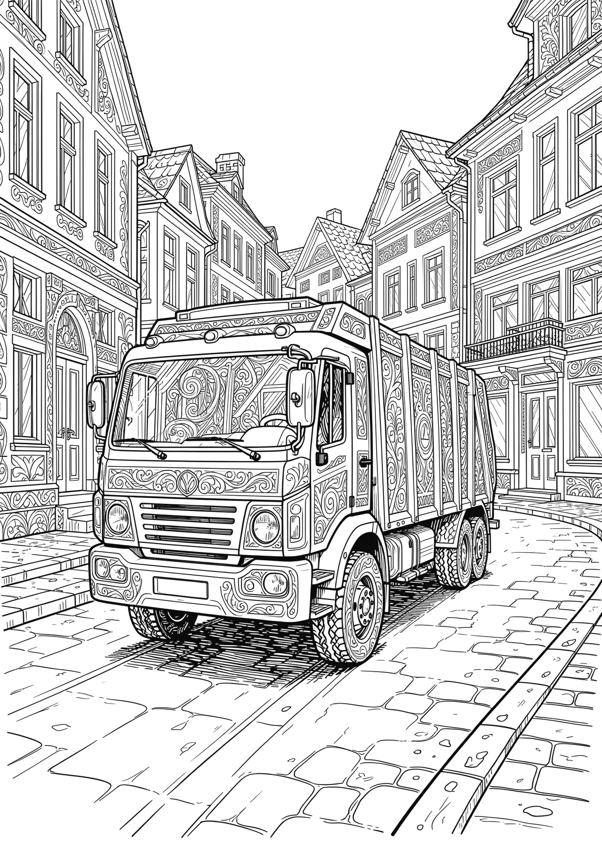 Ausmalbild Müllwagen mit Gesicht fährt durch eine Straße mit - Ausmalbild aus der Kategorie Fahrzeuge - kostenlos ausdrucken