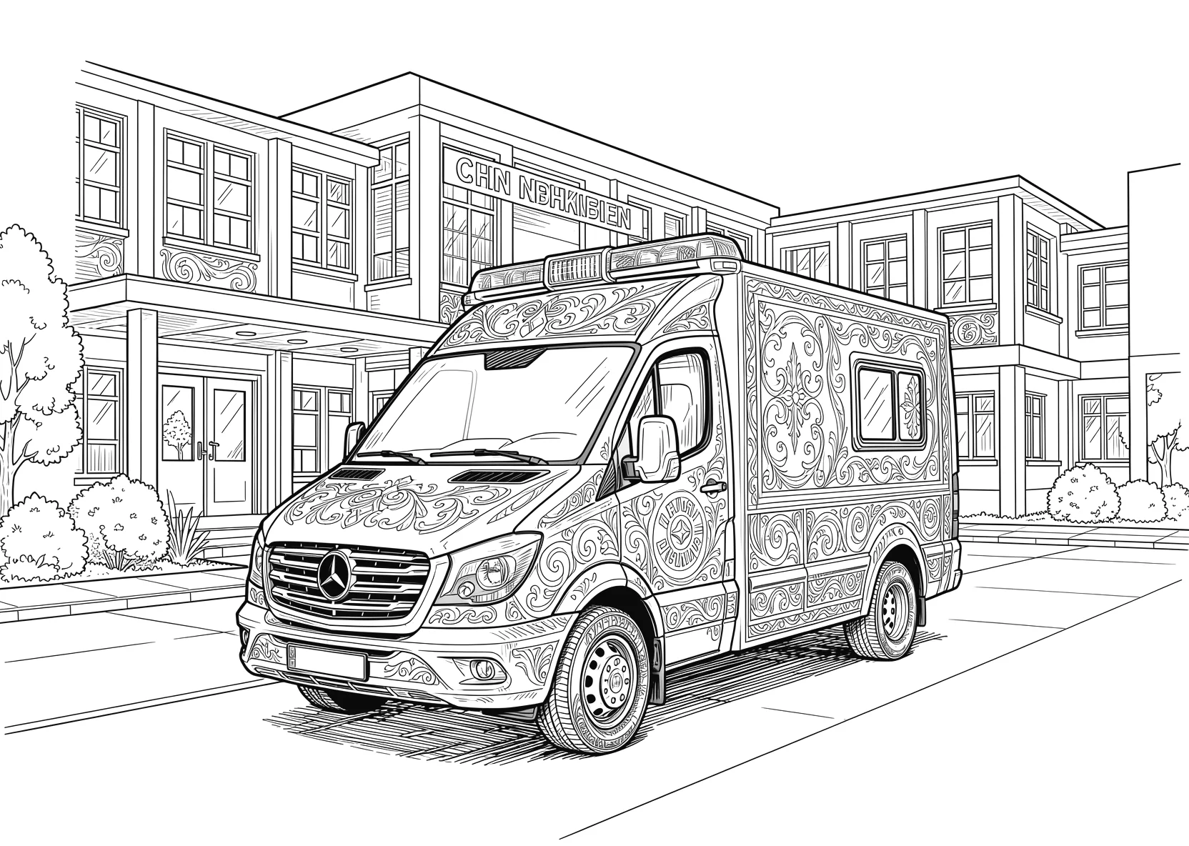 Ausmalbild Krankenwagen mit Gesicht steht vor einem - Ausmalbild aus der Kategorie Fahrzeuge - kostenlos ausdrucken