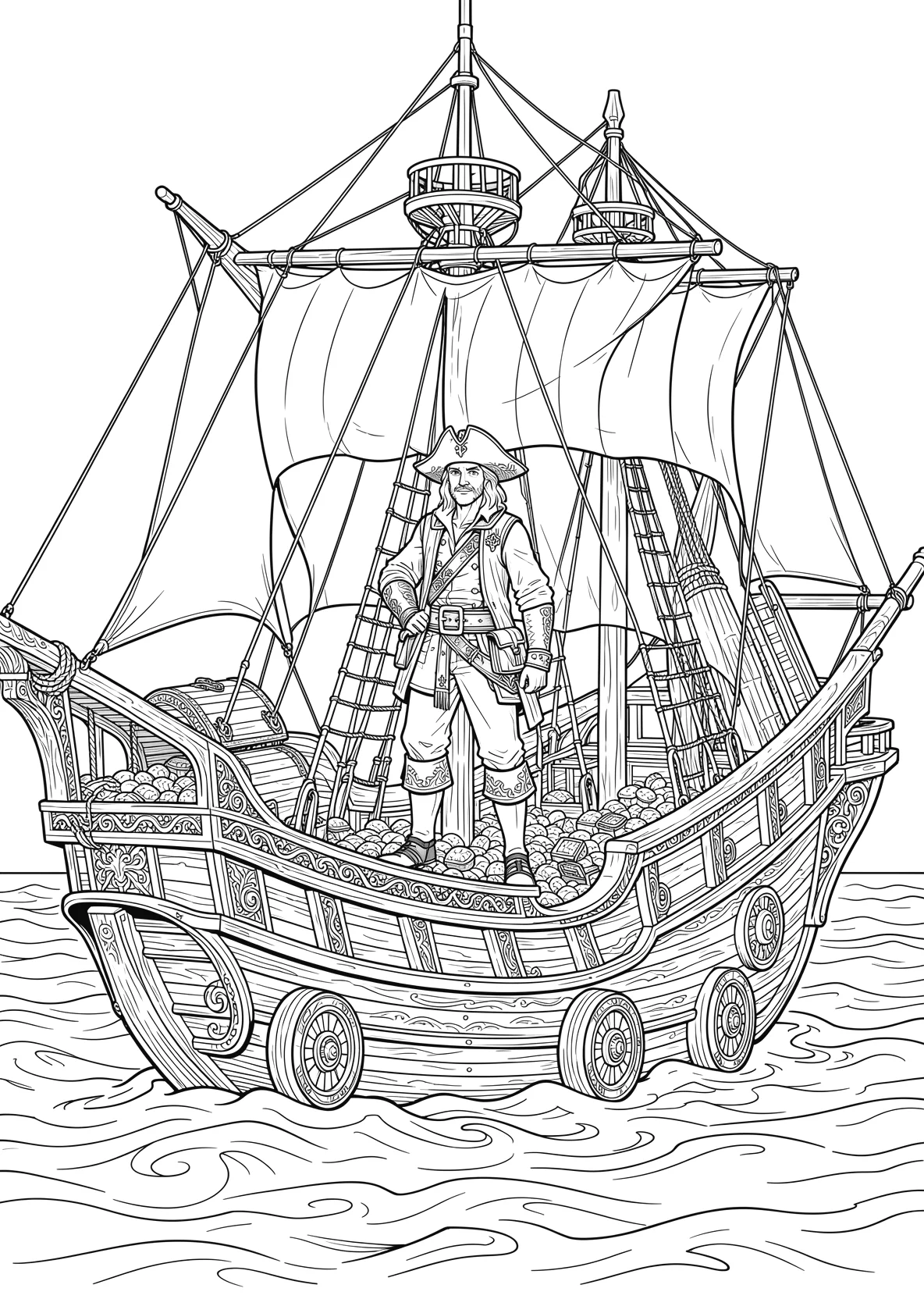 Ausmalbild Pirat steht auf einem Piratenschiff mit Segeln - Ausmalbild aus der Kategorie Maerchen - kostenlos ausdrucken