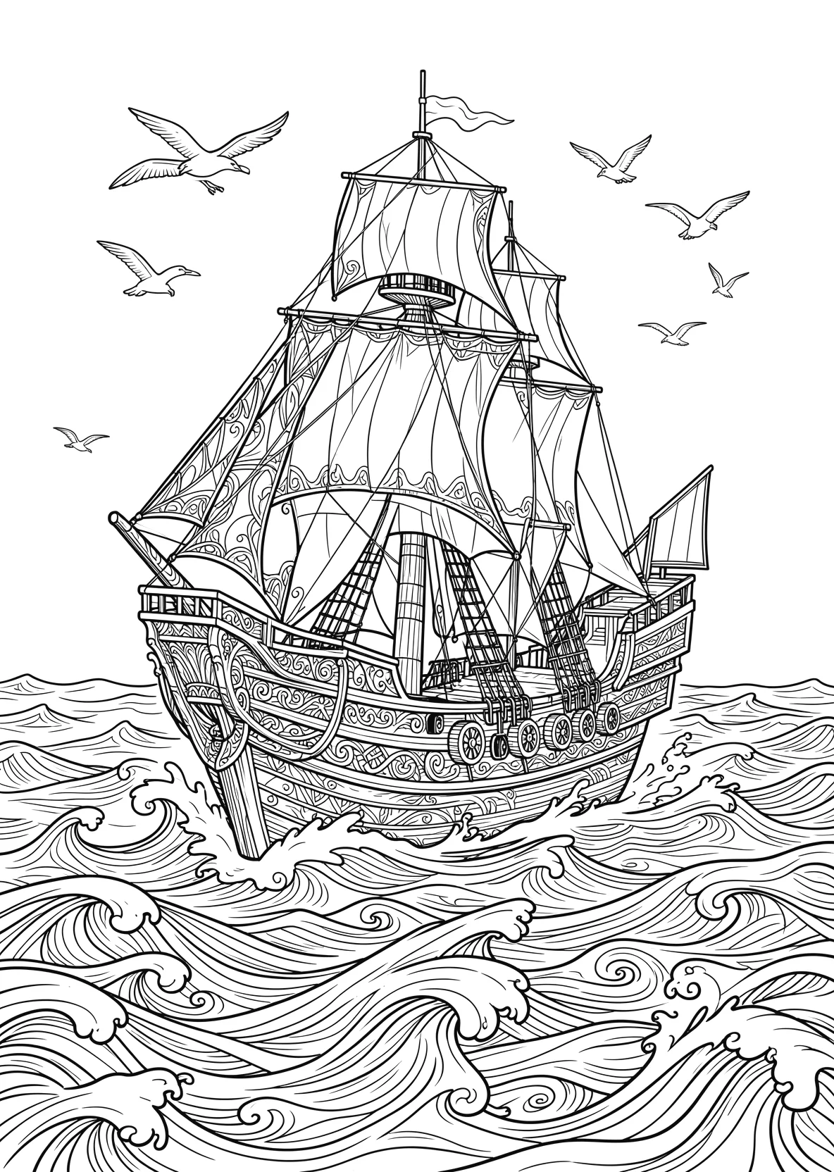 Ausmalbild Piratenschiff fährt über das Meer mit Wellen - Ausmalbild aus der Kategorie Maerchen - kostenlos ausdrucken