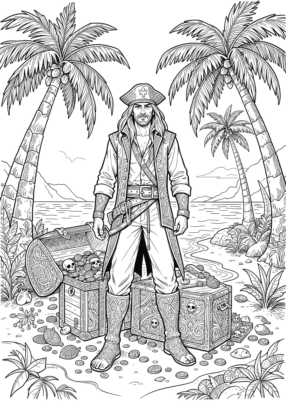 Ausmalbild Pirat findet eine Schatztruhe auf einer Insel mit - Ausmalbild aus der Kategorie Maerchen - kostenlos ausdrucken