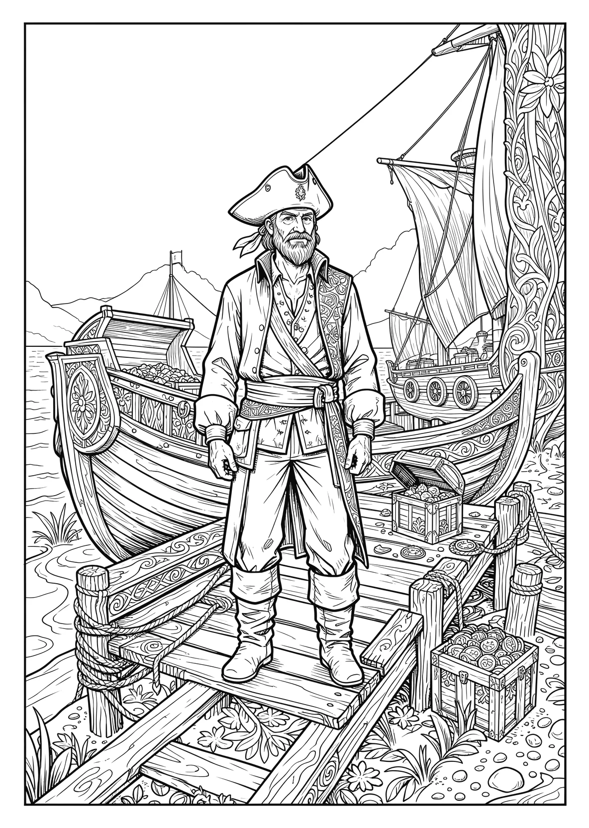 Ausmalbild Pirat steht auf einem Steg mit Boot - Ausmalbild aus der Kategorie Maerchen - kostenlos ausdrucken
