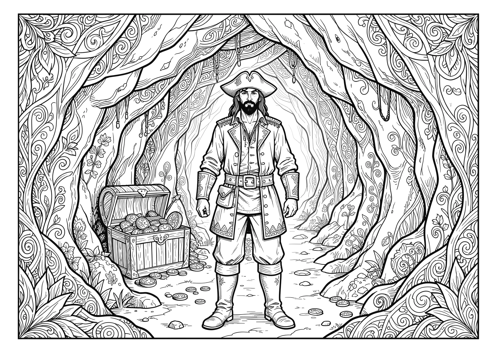 Ausmalbild Pirat steht vor einer Höhle mit Schatzkiste - Ausmalbild aus der Kategorie Maerchen - kostenlos ausdrucken