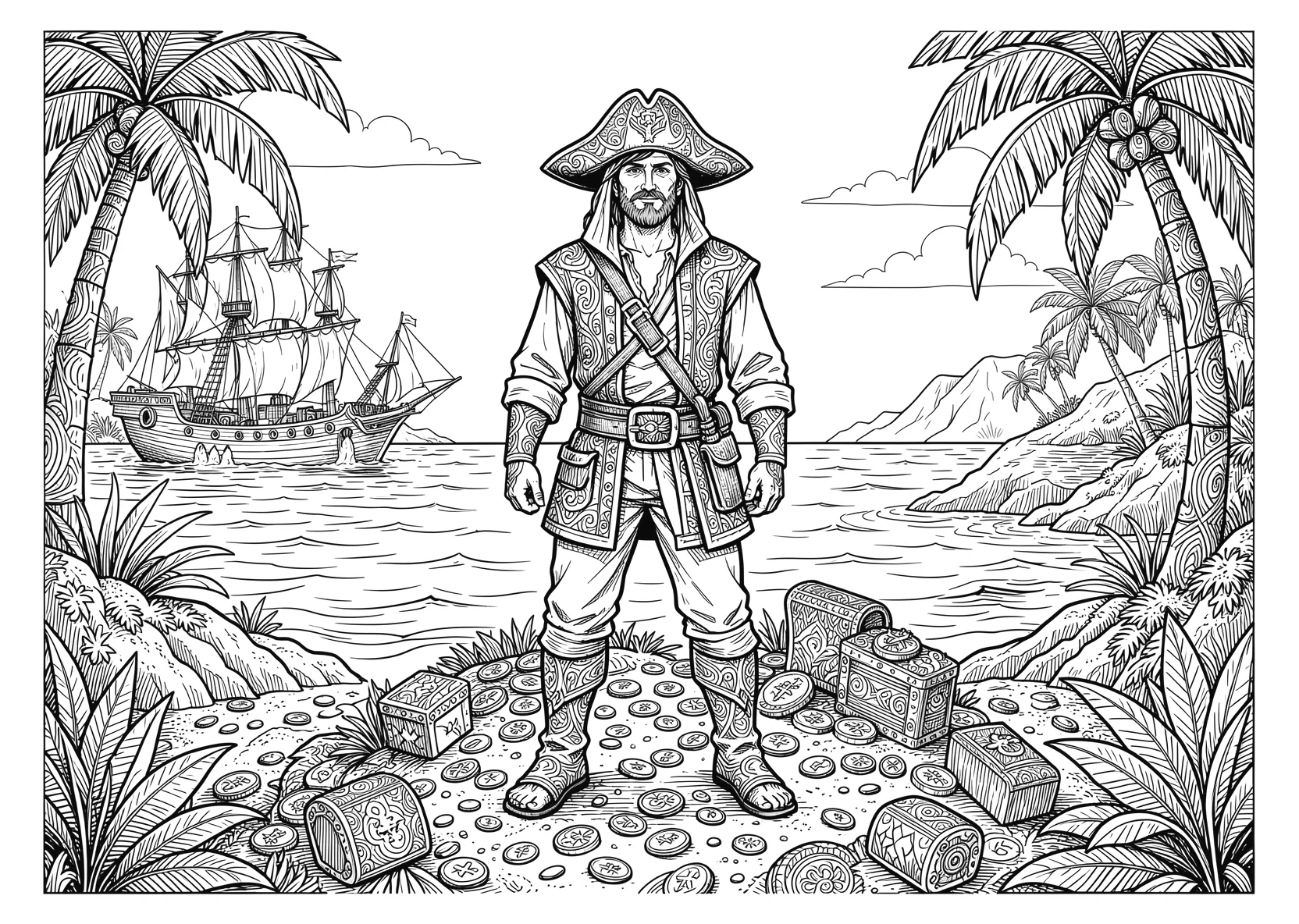 Ausmalbild Pirat sucht einen Schatz auf einer Insel - Ausmalbild aus der Kategorie Maerchen - kostenlos ausdrucken