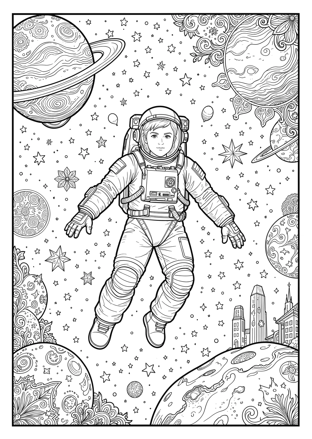 Ausmalbild Mutiger Astronaut schwebt im Weltraum zwischen - Ausmalbild aus der Kategorie Berufe - kostenlos ausdrucken