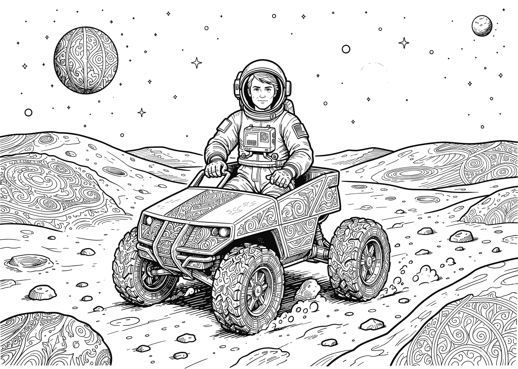 Ausmalbild Astronaut fährt mit einem Rover über - Ausmalbild aus der Kategorie Berufe - kostenlos ausdrucken
