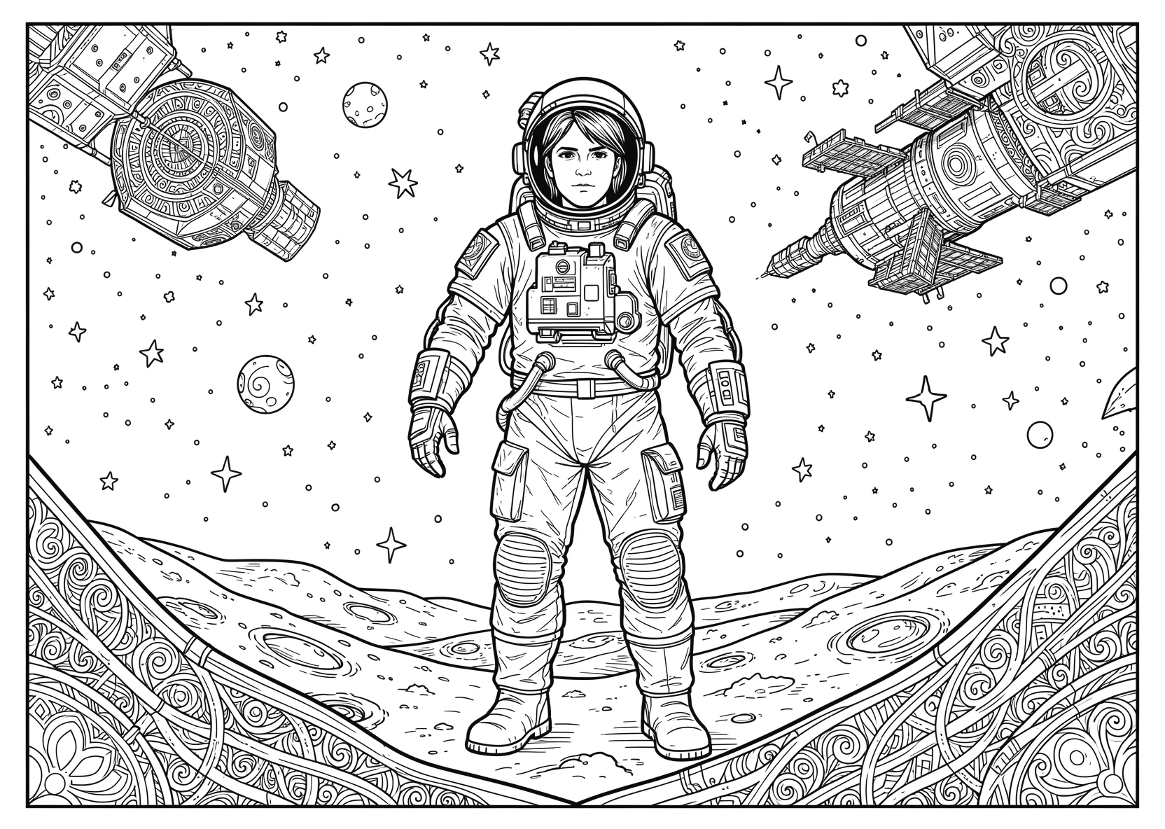 Ausmalbild Astronaut entdeckt eine Raumstation im Weltraum - Ausmalbild aus der Kategorie Berufe - kostenlos ausdrucken