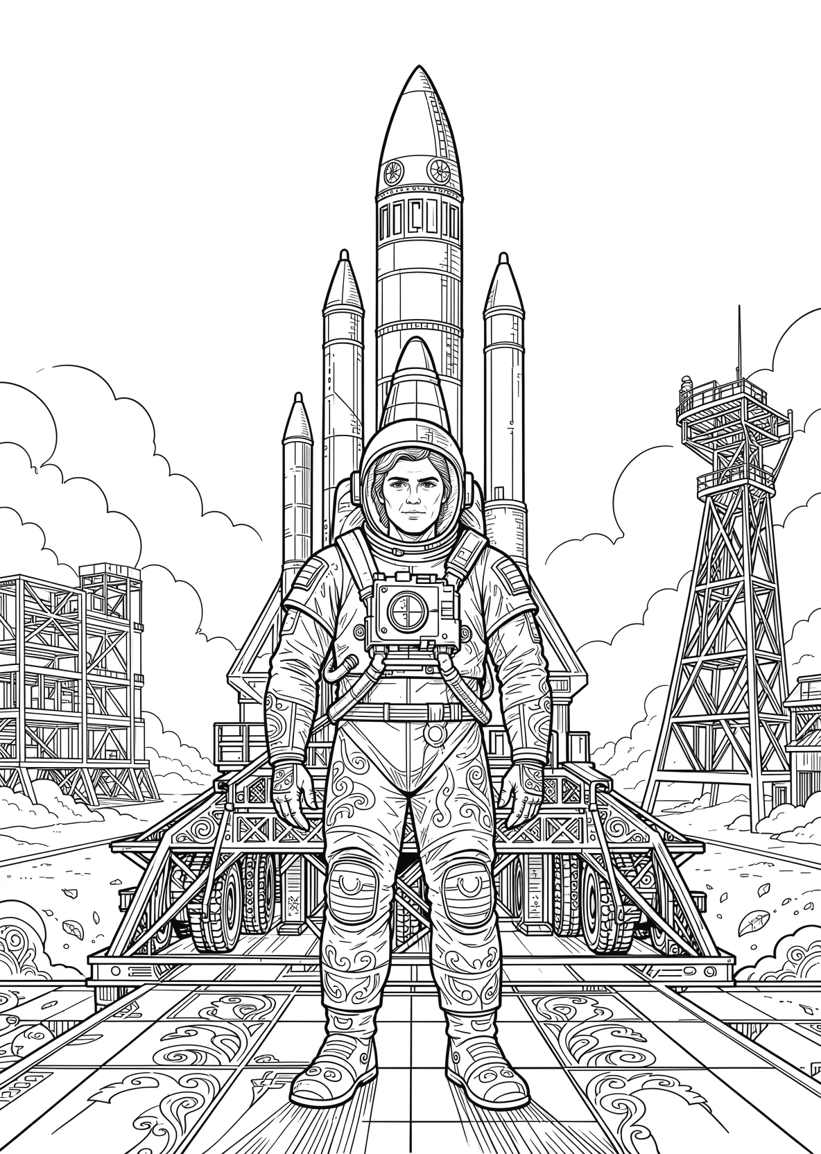 Ausmalbild Astronaut steht vor einer Rakete auf einer - Ausmalbild aus der Kategorie Berufe - kostenlos ausdrucken