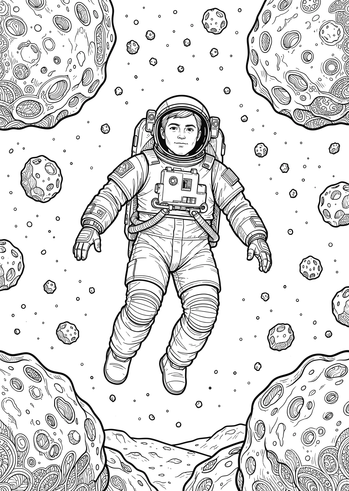 Ausmalbild Astronaut schwebt zwischen Asteroiden im Weltraum - Ausmalbild aus der Kategorie Berufe - kostenlos ausdrucken