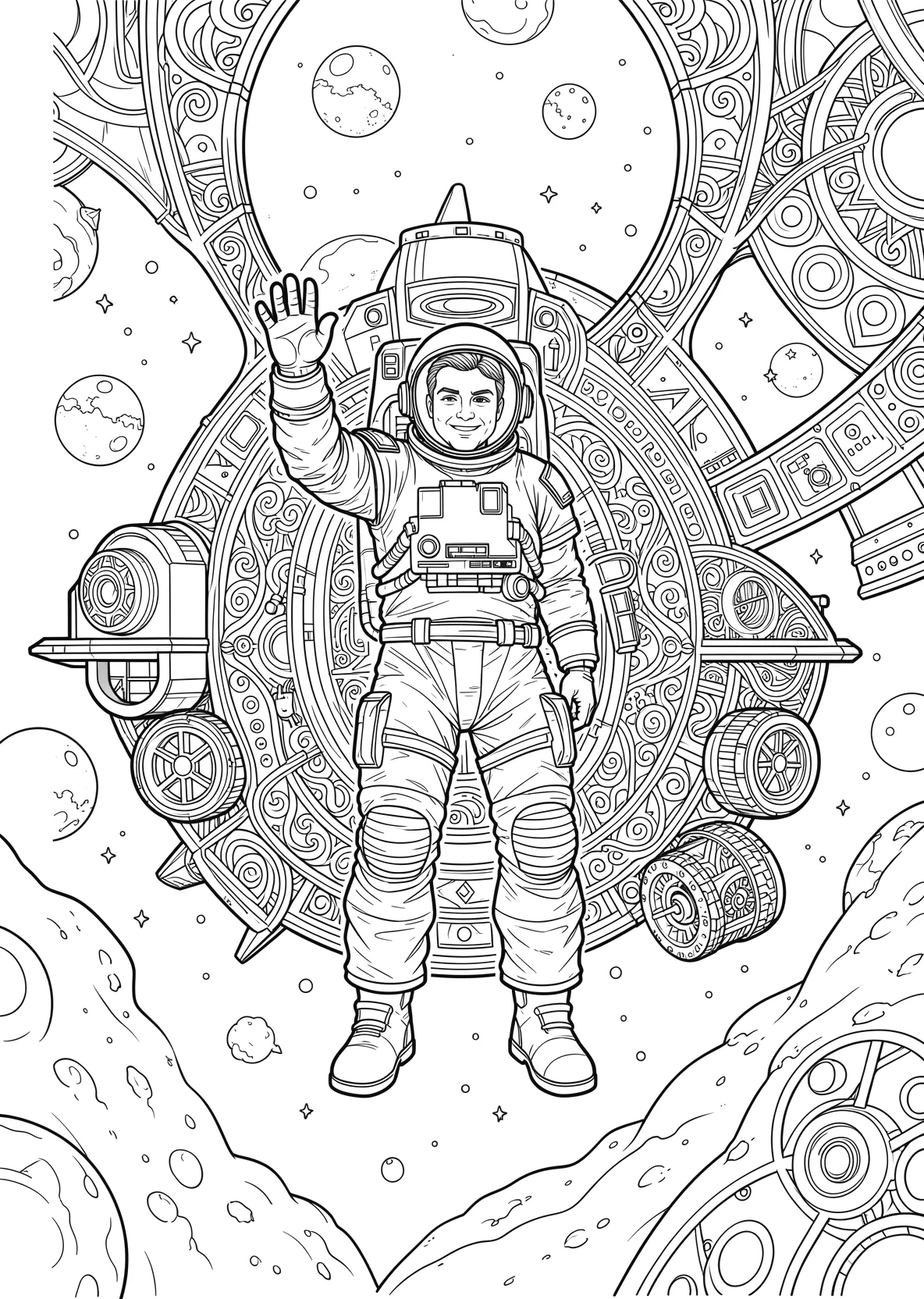 Ausmalbild Astronaut winkt von einem Raumschiff aus - Ausmalbild aus der Kategorie Fahrzeuge - kostenlos ausdrucken