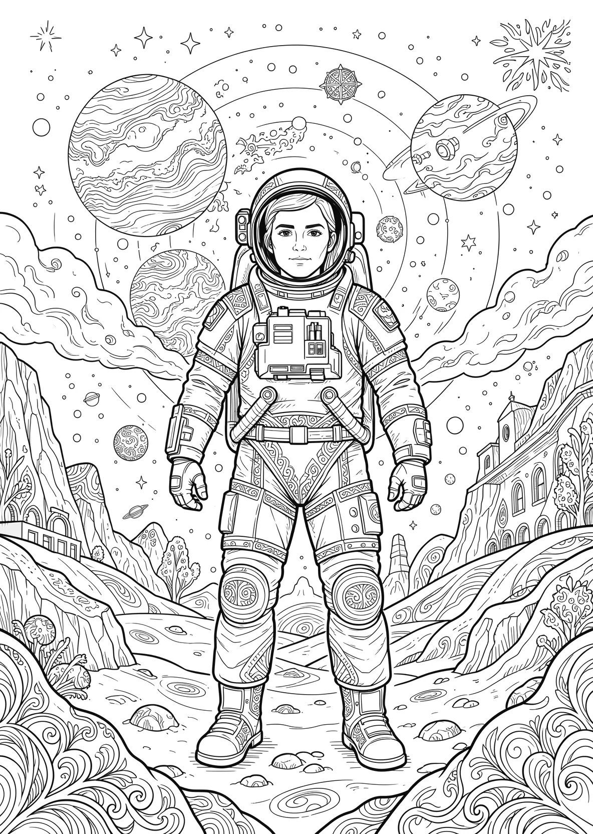 Ausmalbild Astronaut entdeckt einen neuen Planeten - Ausmalbild aus der Kategorie Berufe - kostenlos ausdrucken