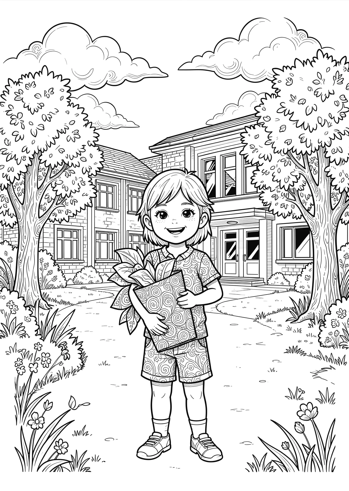 Ausmalbild Fröhliches Kind mit einer großen Schultüte steht - Ausmalbild aus der Kategorie Berufe - kostenlos ausdrucken