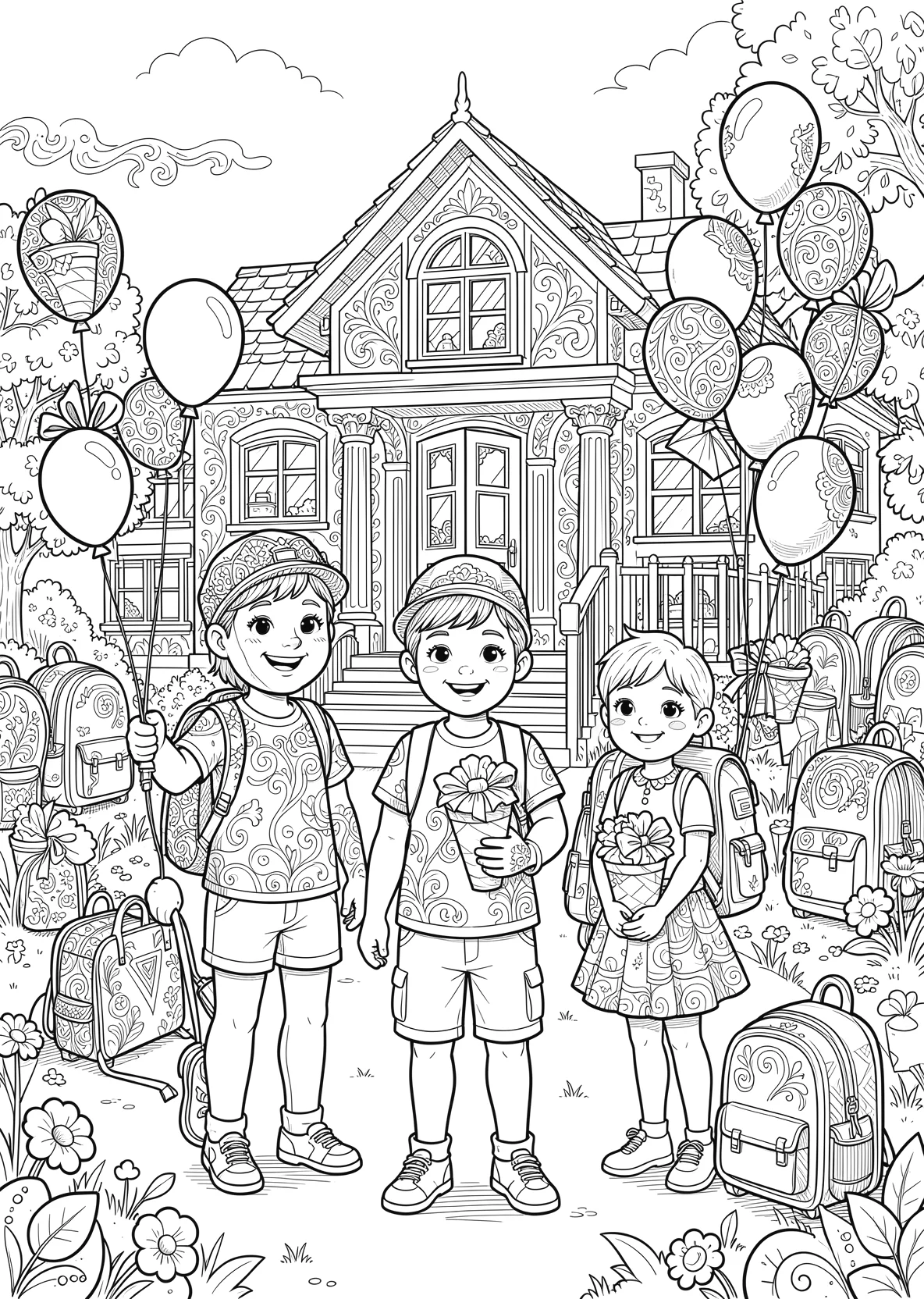 Ausmalbild Kinder stehen vor einer Schule mit bunten - Ausmalbild aus der Kategorie Berufe - kostenlos ausdrucken